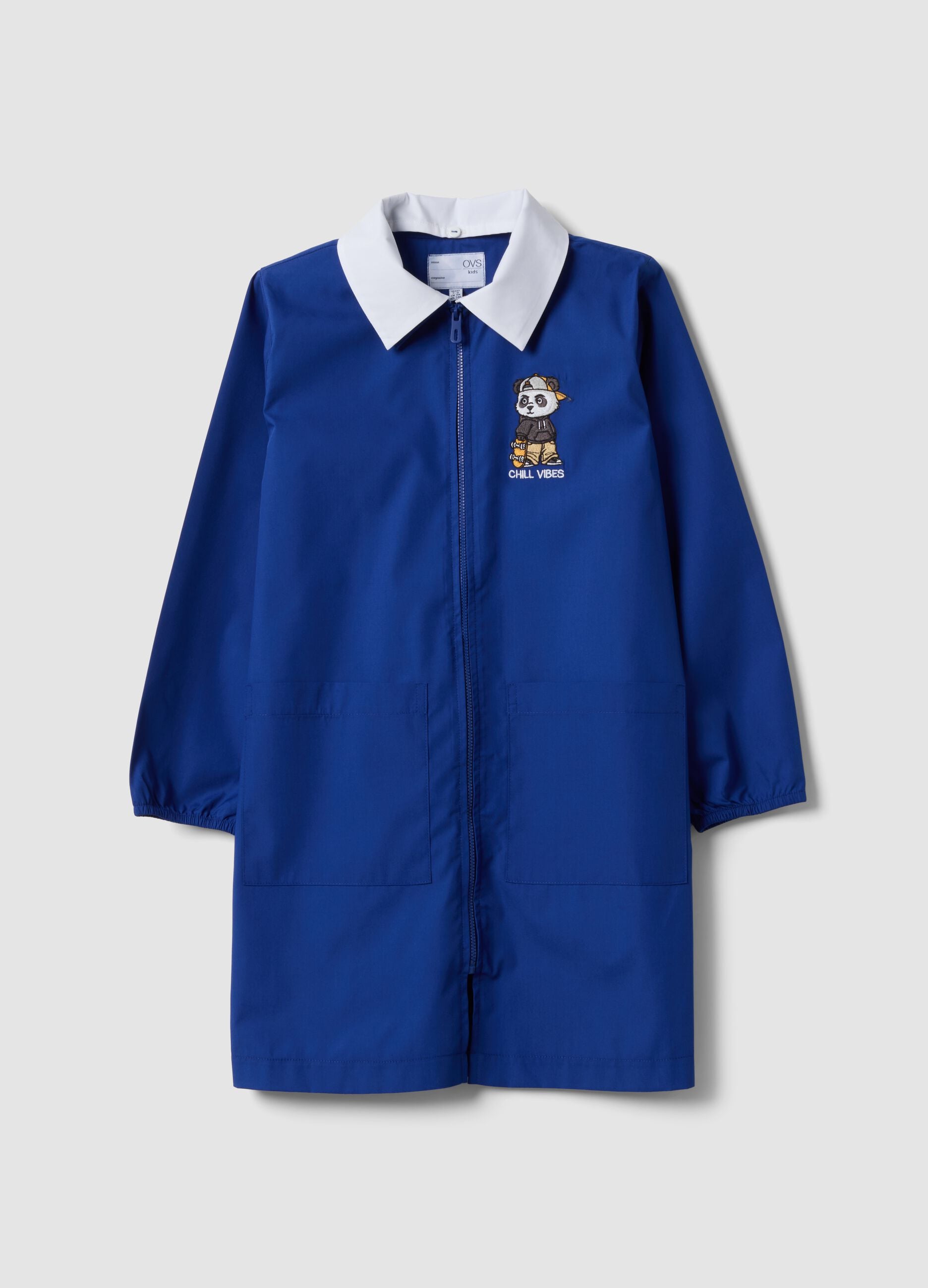 Boys&rsquo; blue school apron with zip and panda embroidery