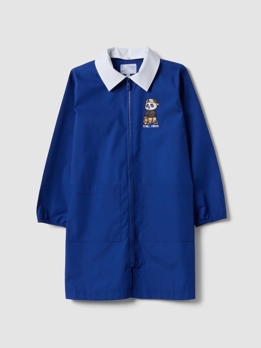 Boys&rsquo; blue school apron with zip and panda embroidery_0