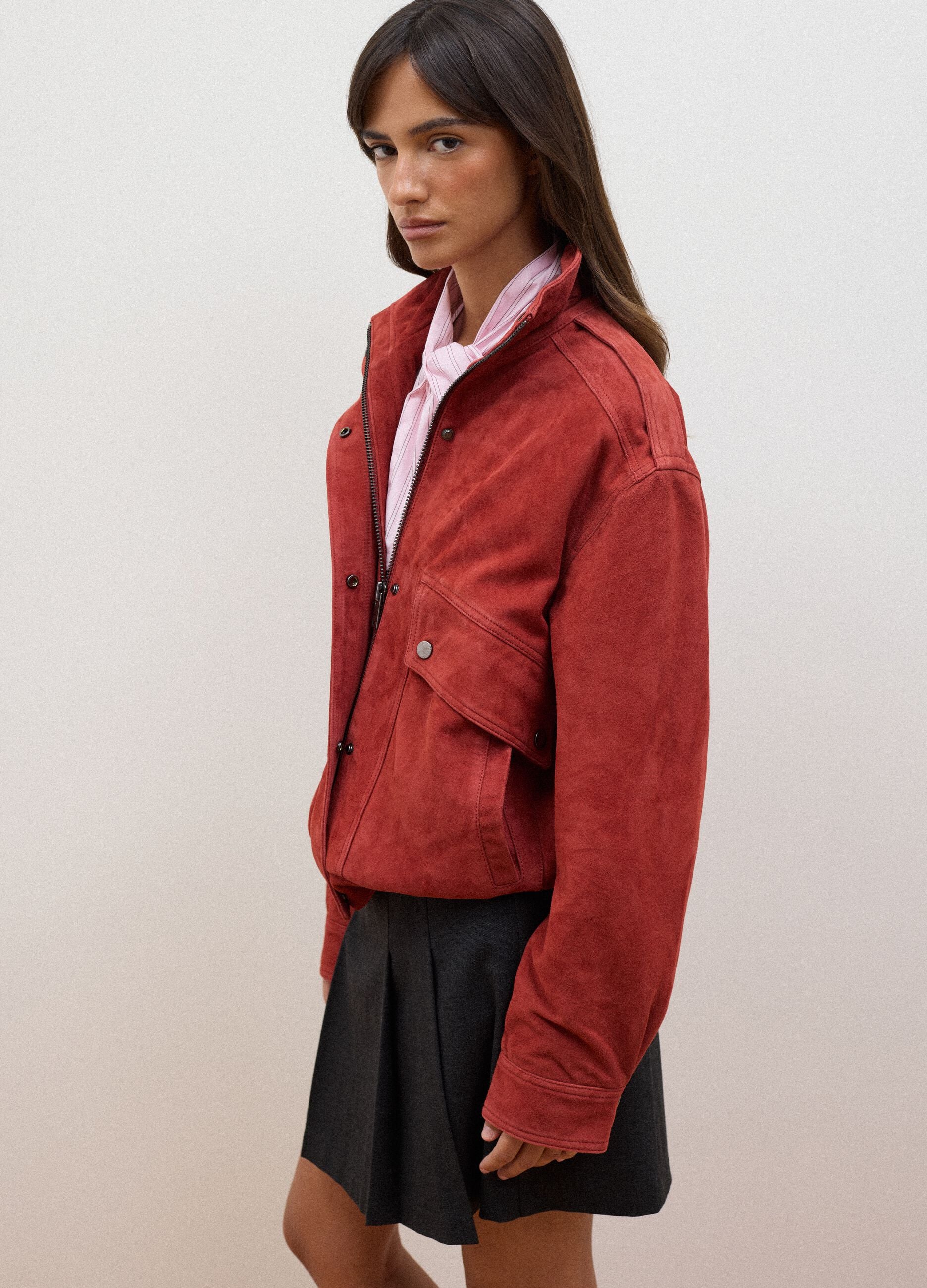 Bomber rosso in vera pelle con zip e bottoni regular fit