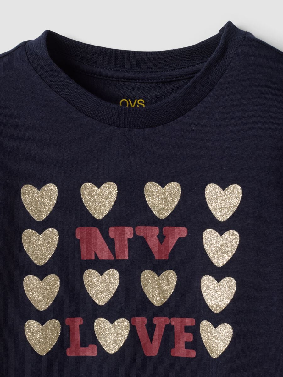 Blue pure organic cotton T-shirt with glitter heart print for girls_2
