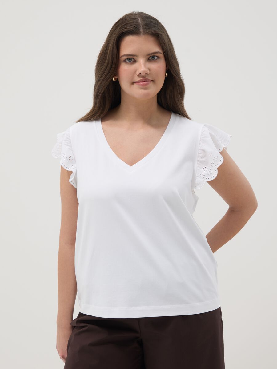 T-shirt bianca in cotone elasticizzato con maniche volant regular fit_0