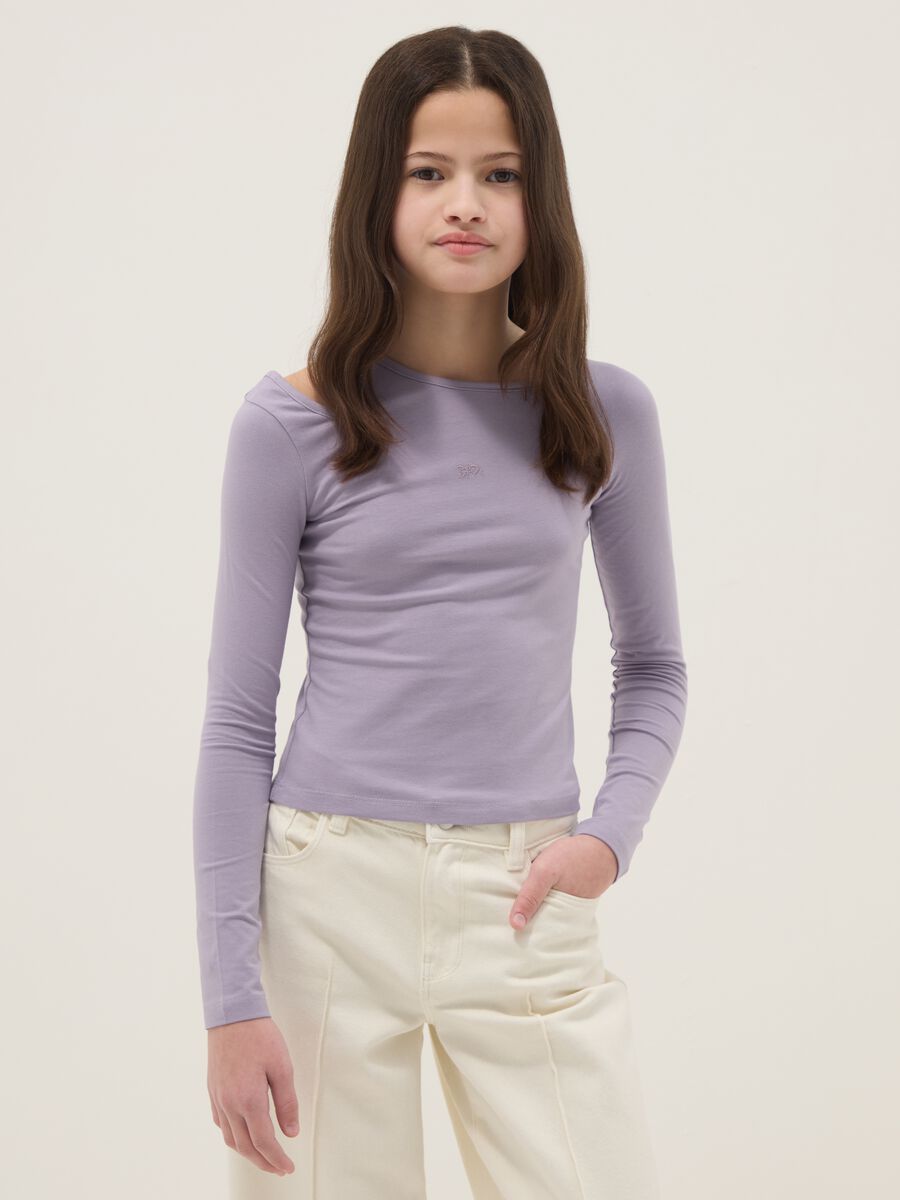 Purple cotton blend slim fit girls&rsquo; top with boat neckline_0