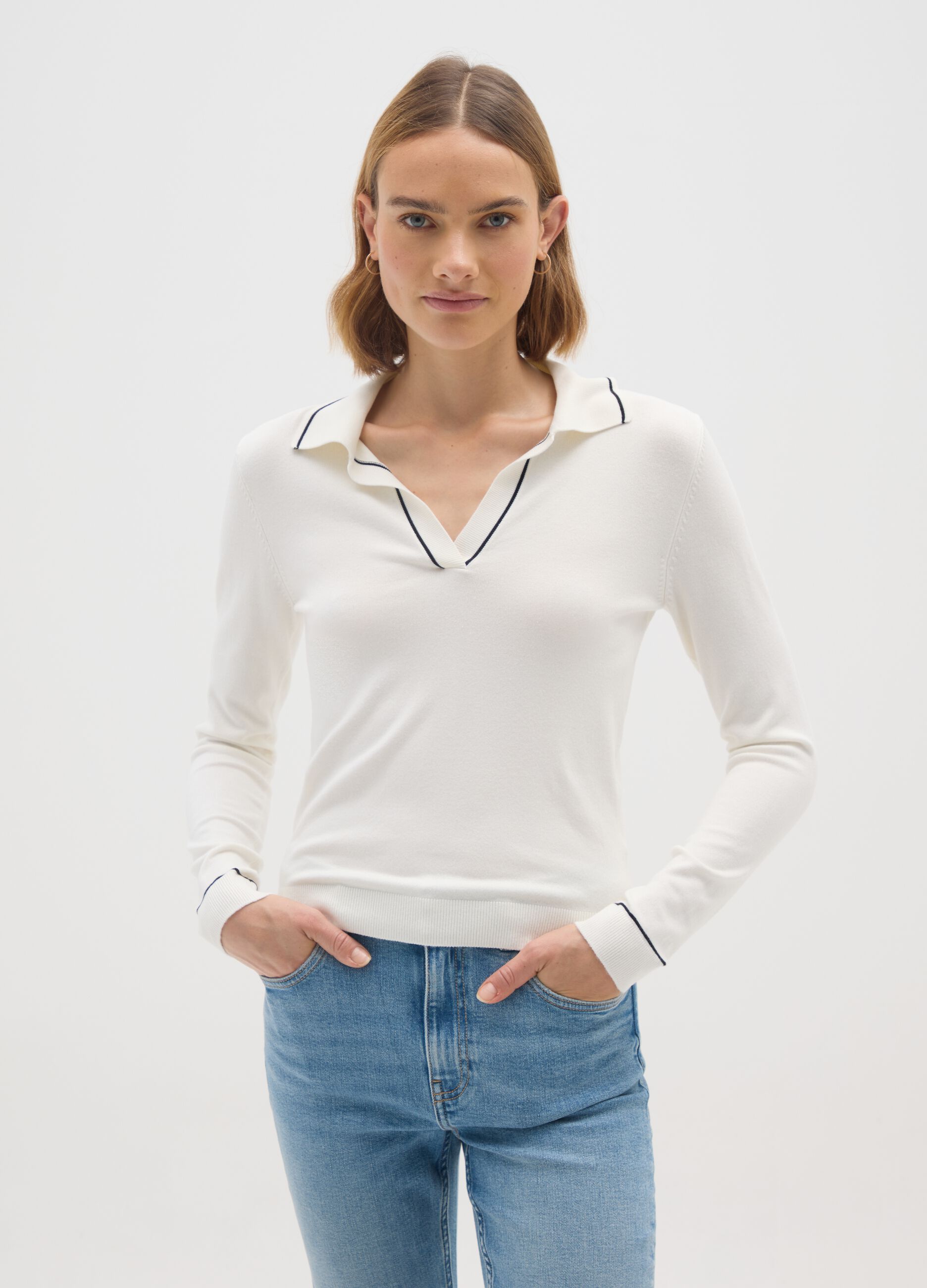 White Polo Sweater in Viscose Blend