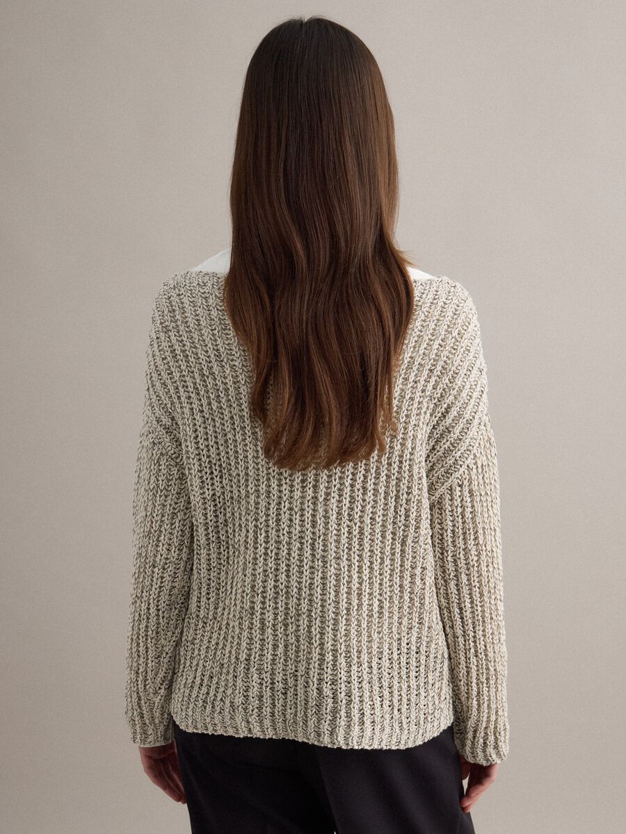 Beige cotton blend regular fit woven jumper with boat neck_3