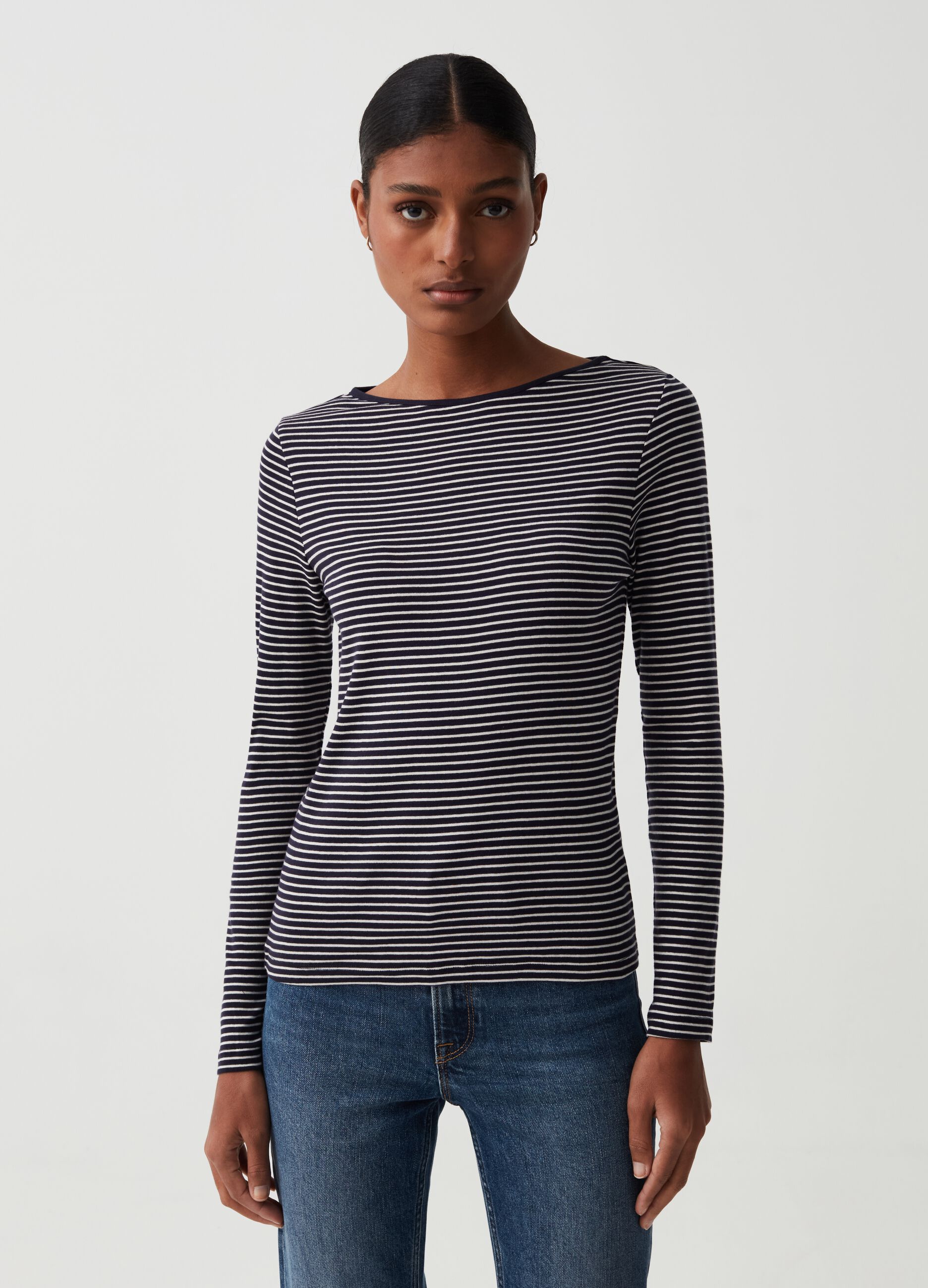 Slim striped T-shirt with boat neck