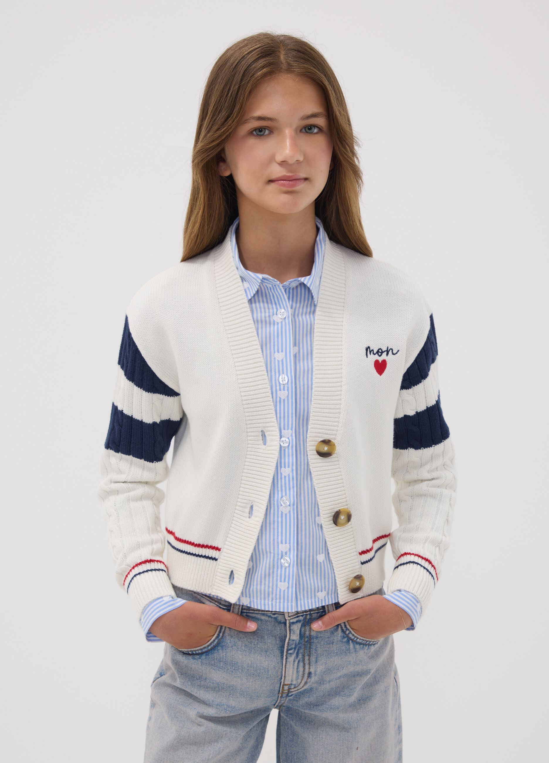White cotton-blend cardigan with deep V-neck and heart embroidery