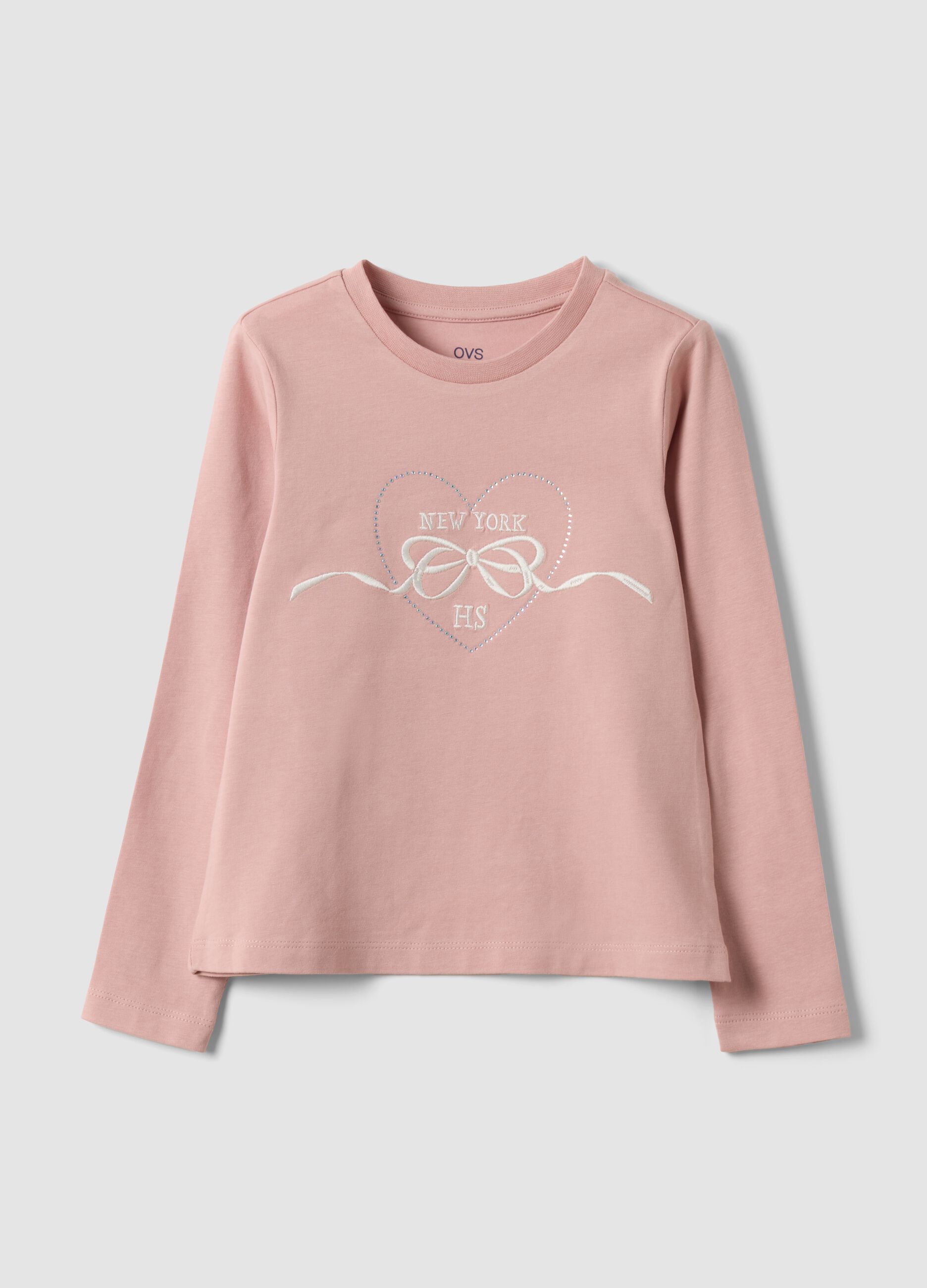 Pink stretch cotton T-shirt with bow embroidery for girls