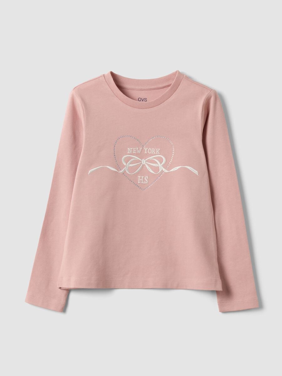 Pink stretch cotton T-shirt with bow embroidery for girls_0