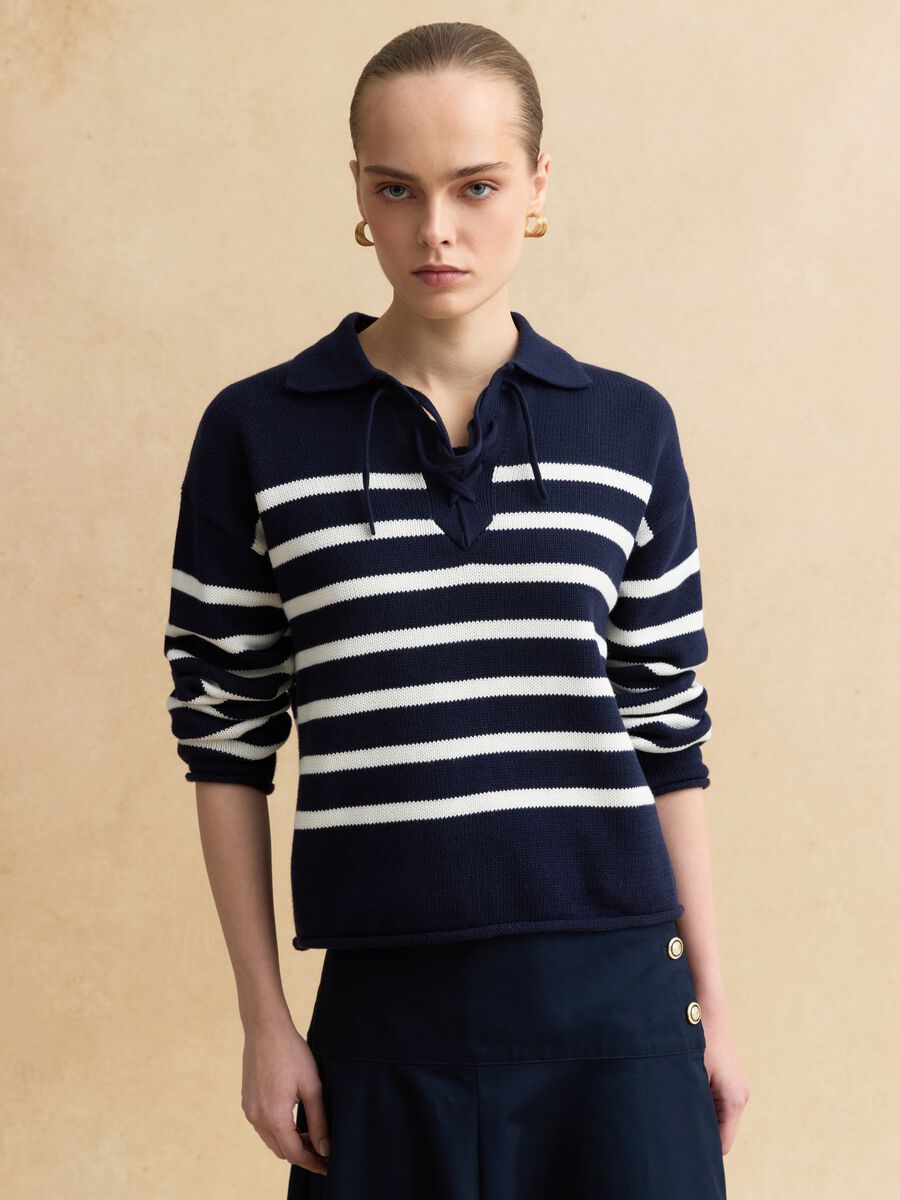 Multi-coloured striped pure cotton sweater, regular fit, deep V_1