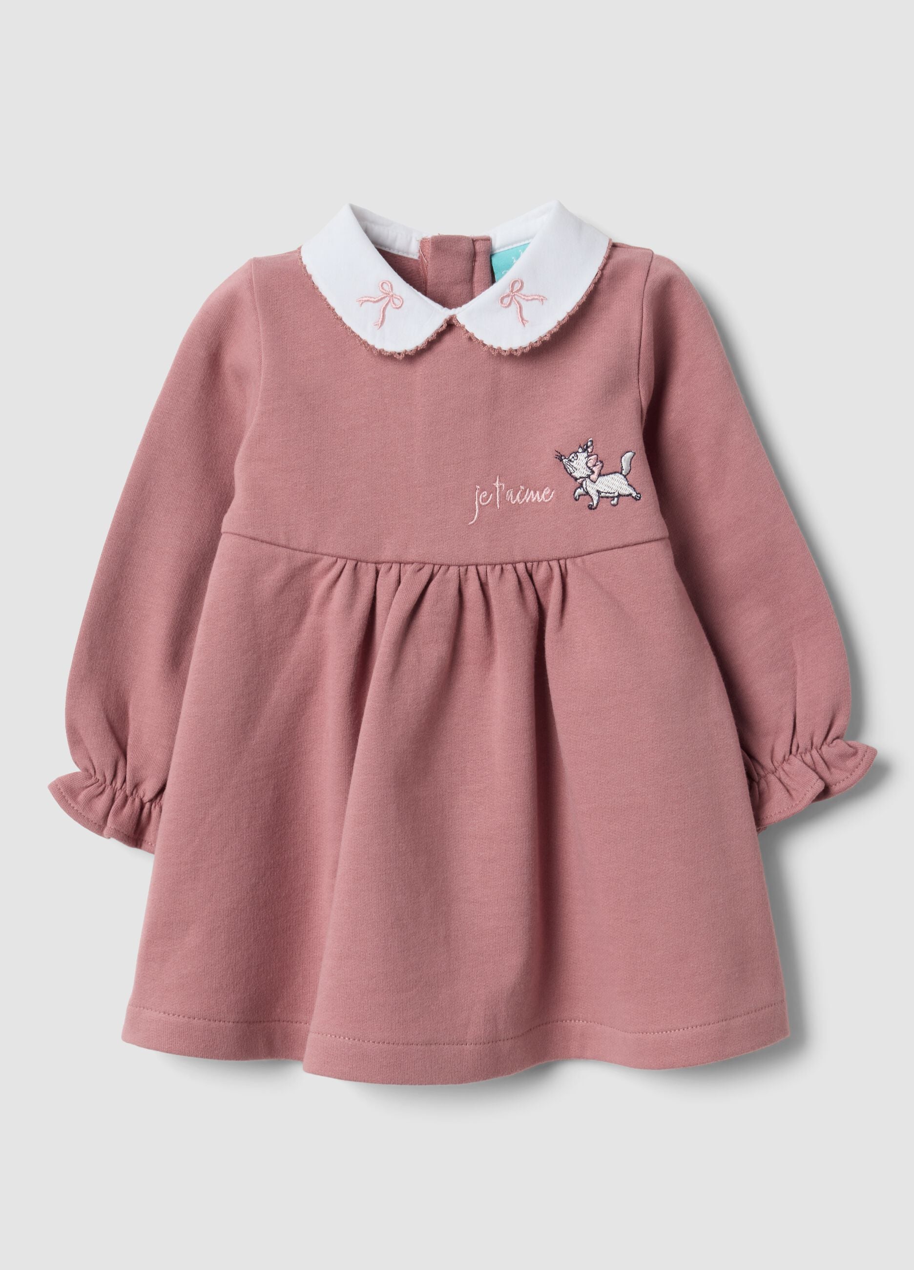 Vestido rosa em algod&atilde;o org&acirc;nico puro com bordado Aristogatos para beb&eacute; menina
