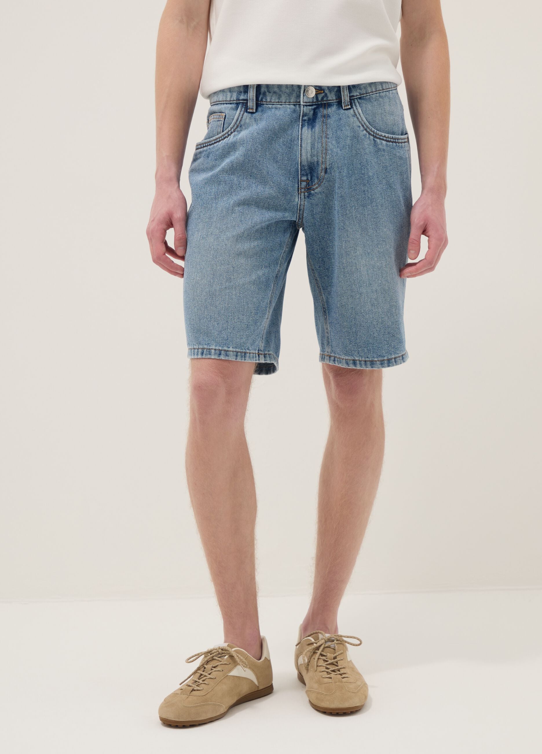 Blue Slim Fit Cotton Blend Denim Shorts