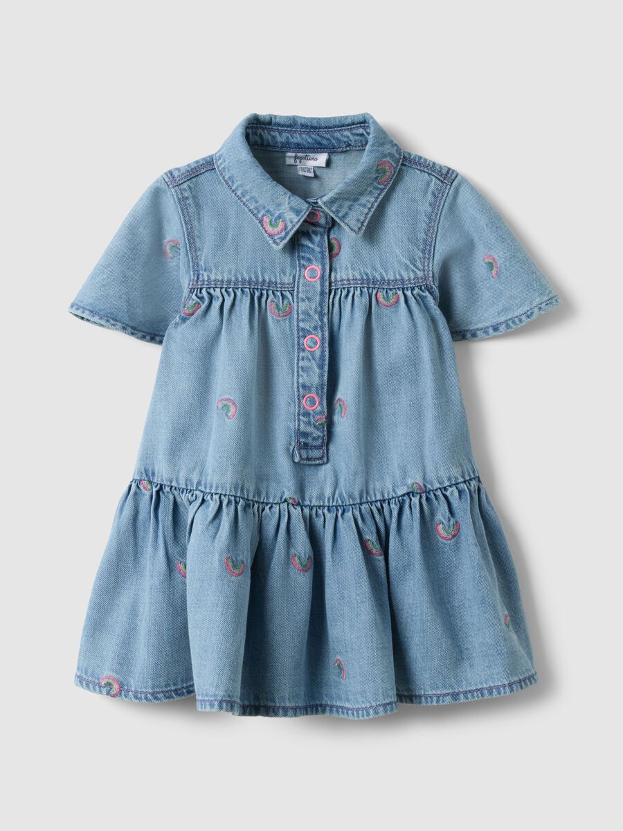 Vestido de mistura de algod&atilde;o denim azul para meninas com arcos-&iacute;ris_0
