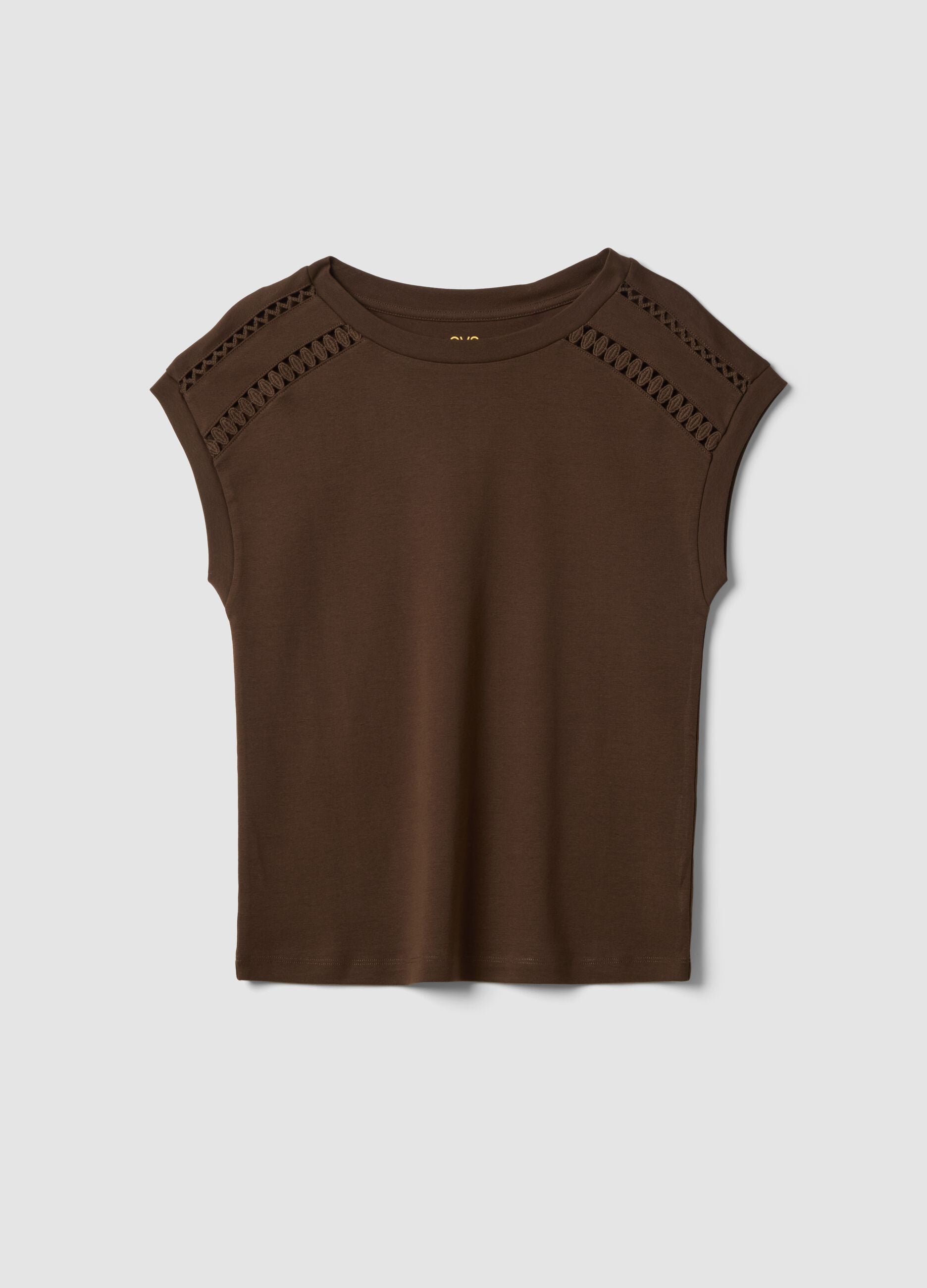 Brown pure cotton T-shirt with cut-out detailing
