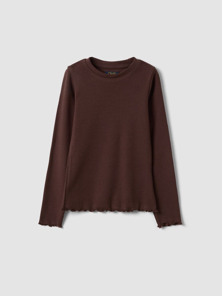 Brown ribbed organic stretch cotton T-shirt_0