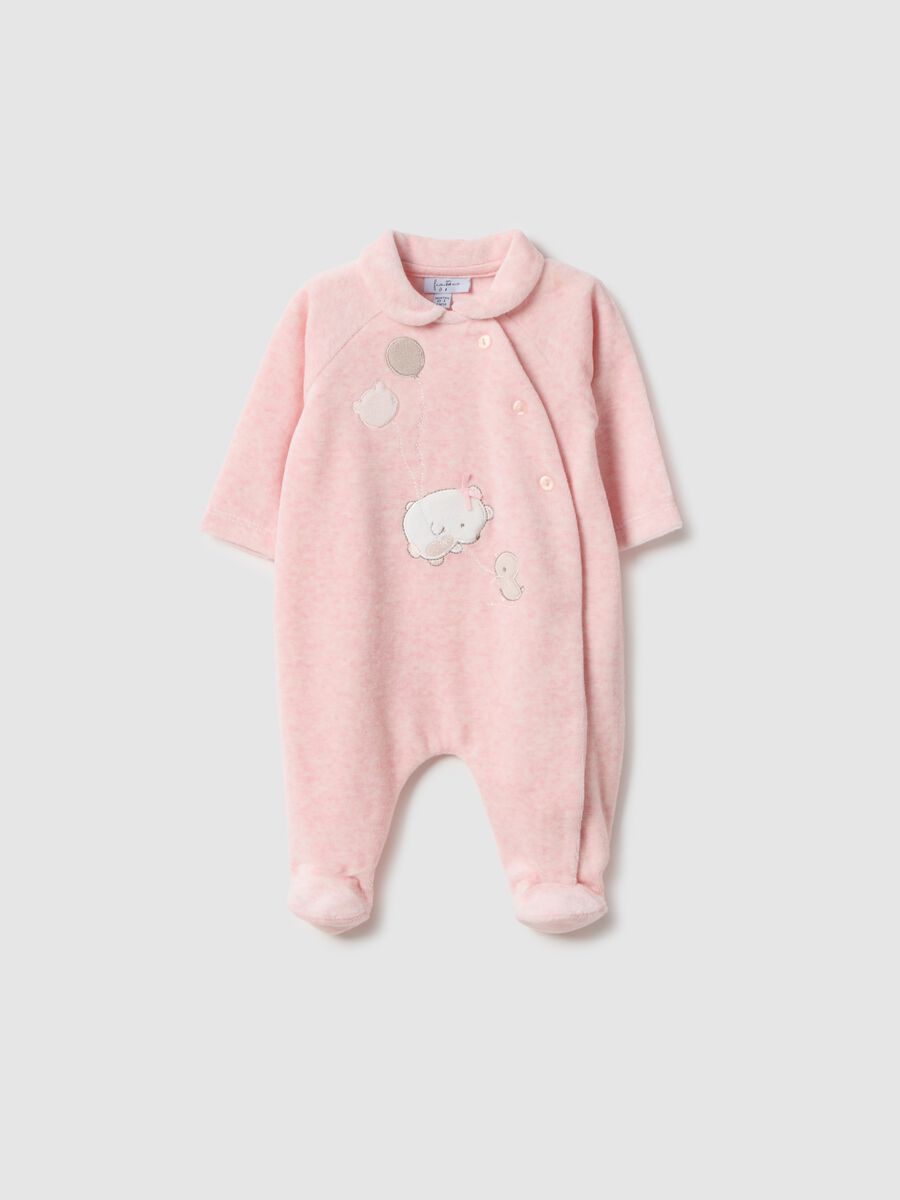Pink newborn romper in cotton blend with snap closure and embroidery_0