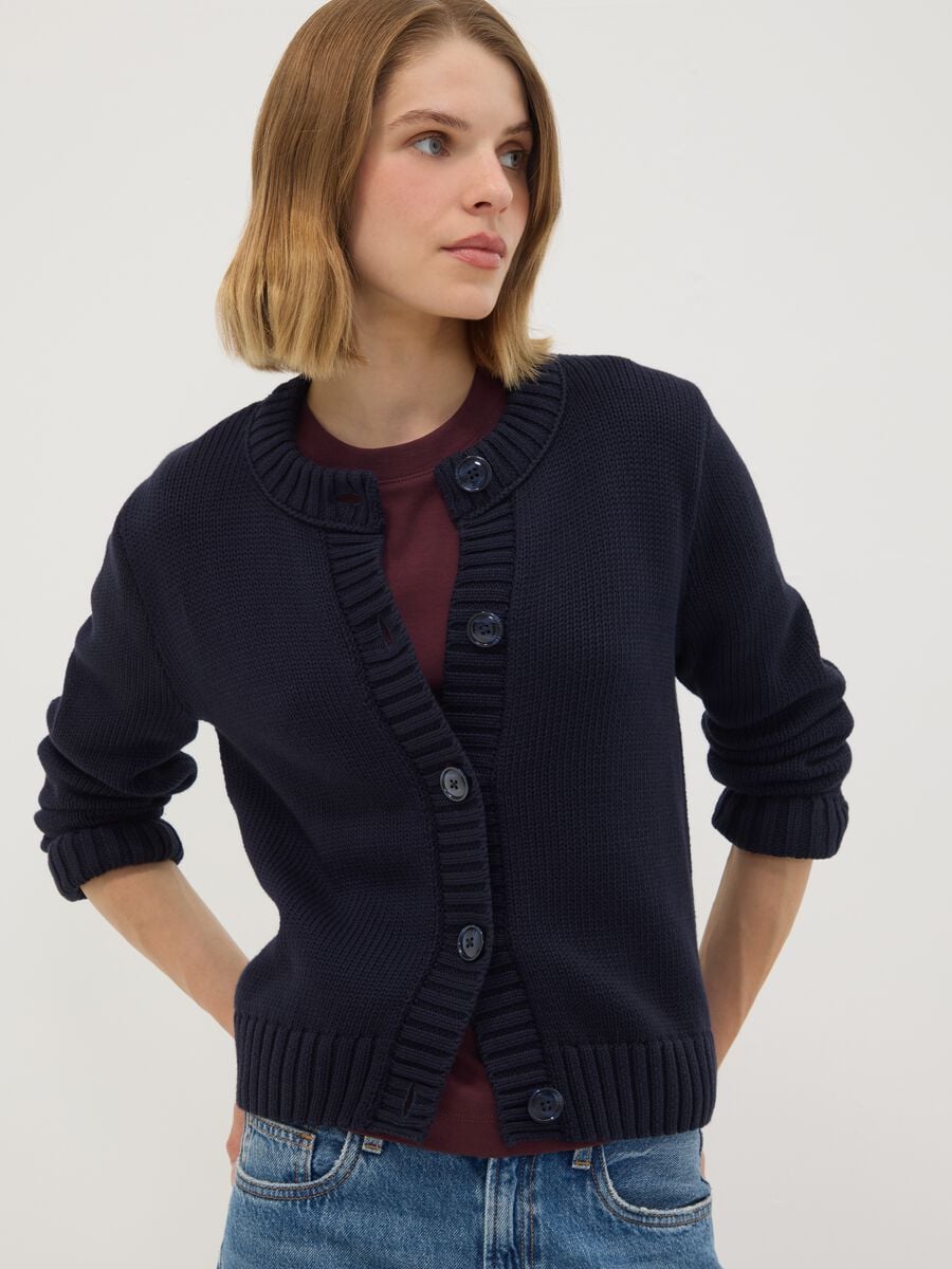 Navy pure cotton crew-neck cardigan with buttons, regular fit_0