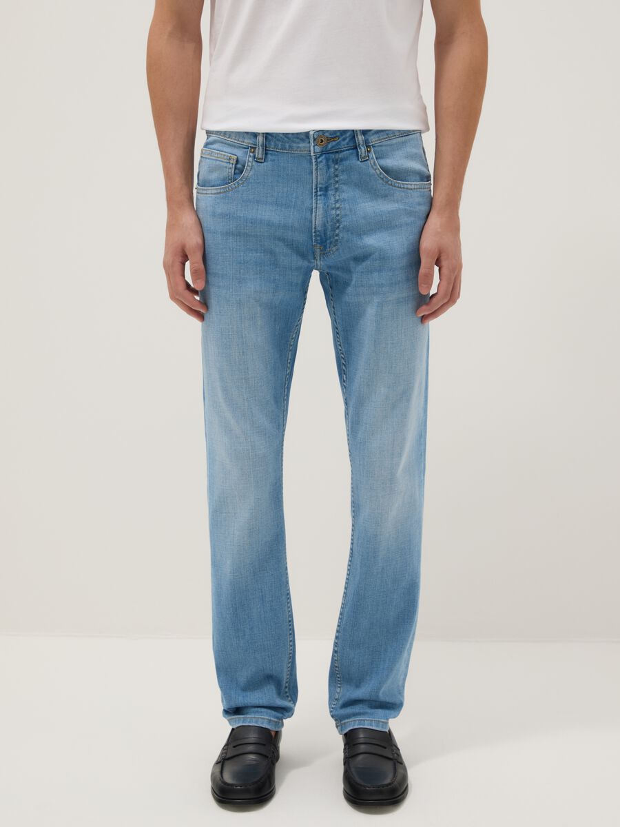 Light blue slim fit stretch cotton denim jeans_1
