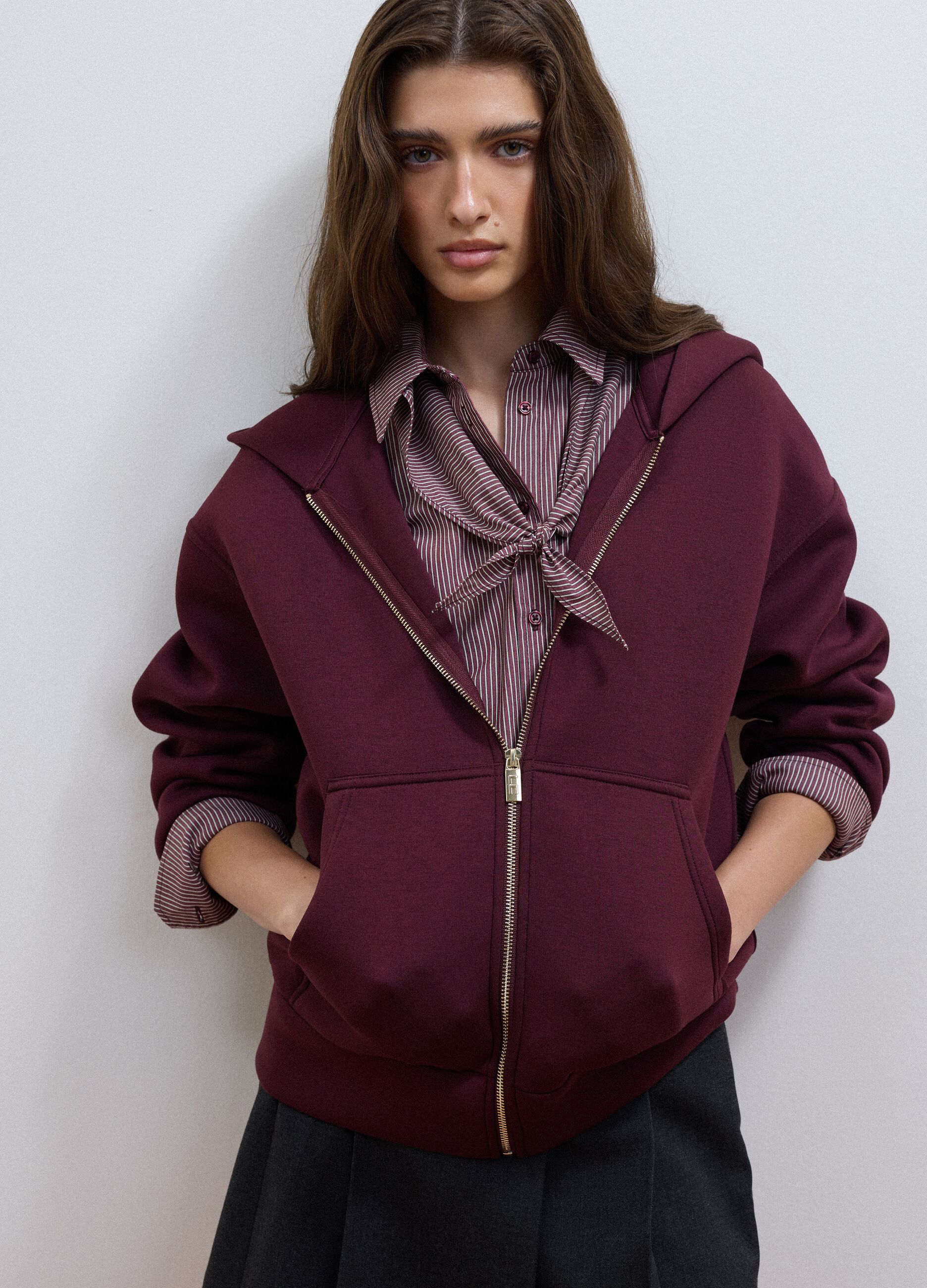 Burgundy stretch viscose full-zip sweatshirt, oversized fit