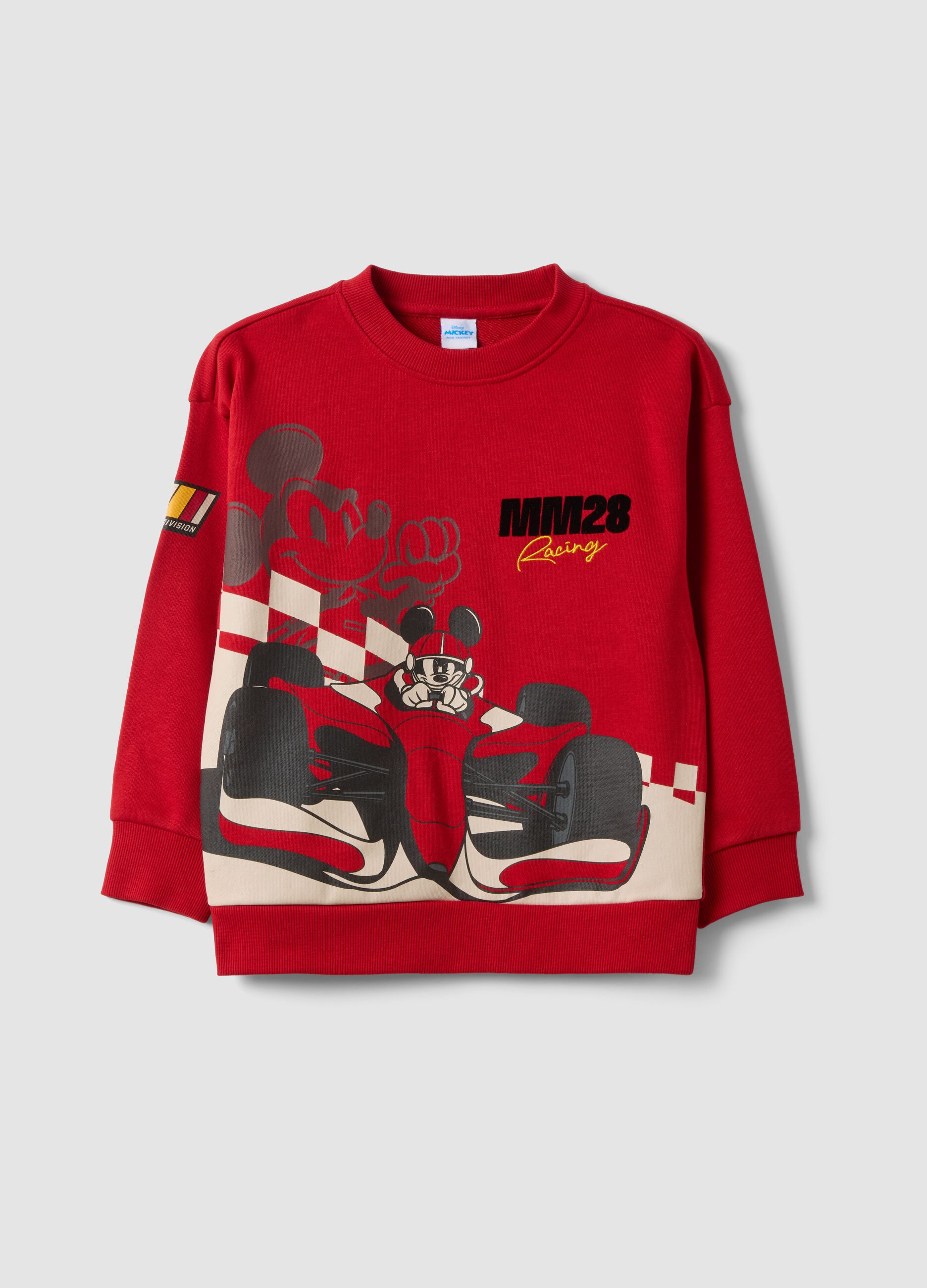 Red cotton-blend crew-neck sweatshirt with Mickey & Friends print