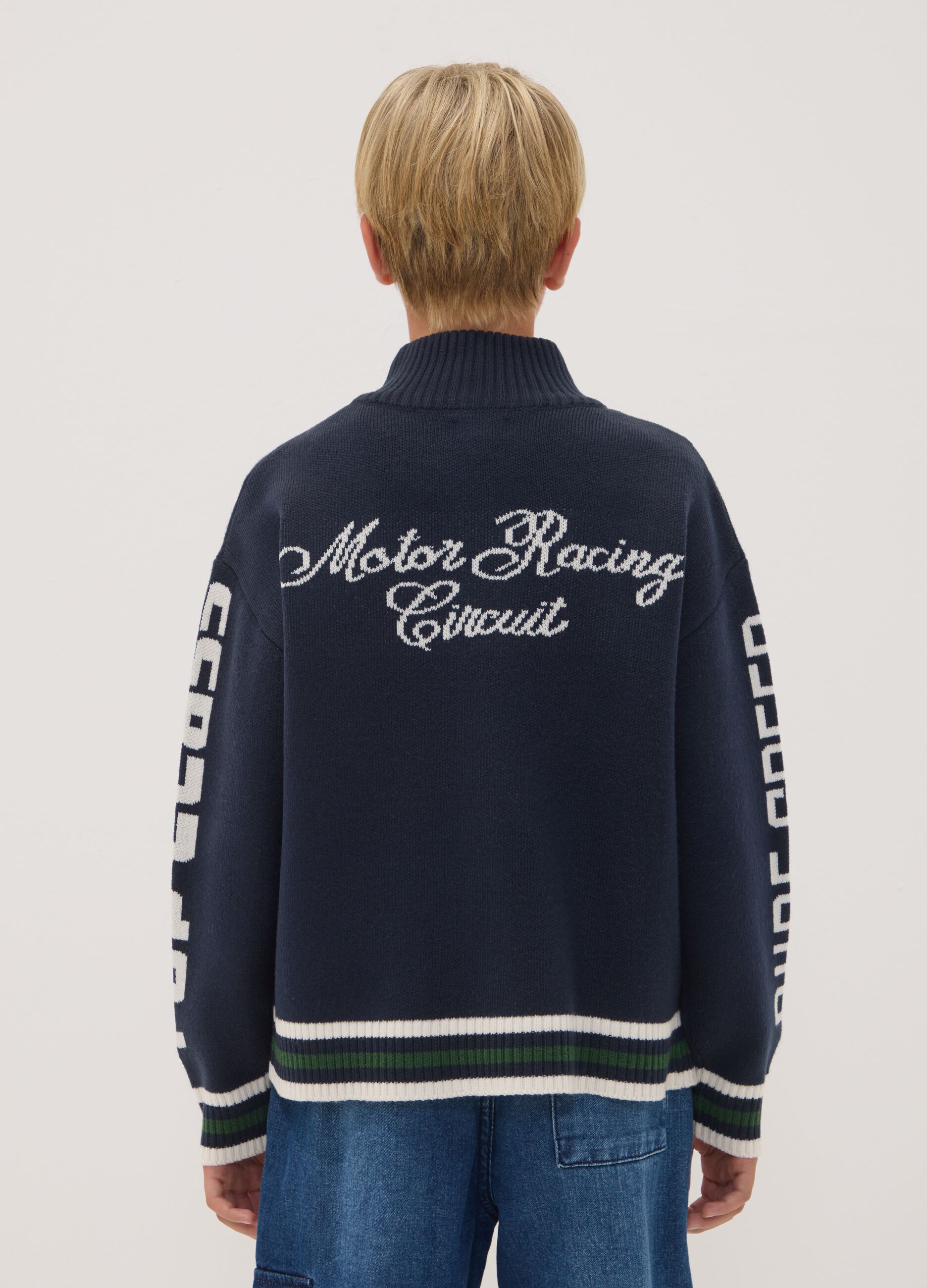 Blue zip-up cardigan with racing embroidery