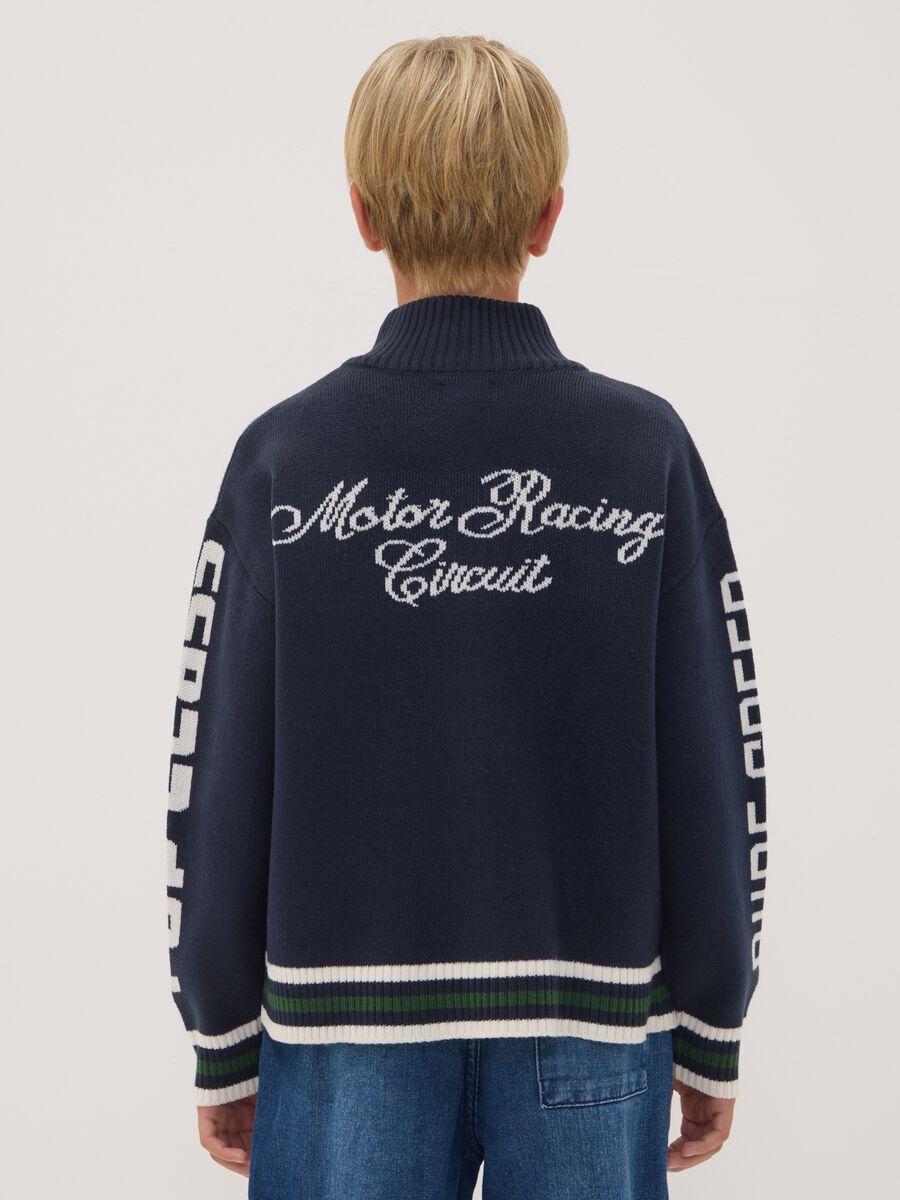 Blue zip-up cardigan with racing embroidery_2