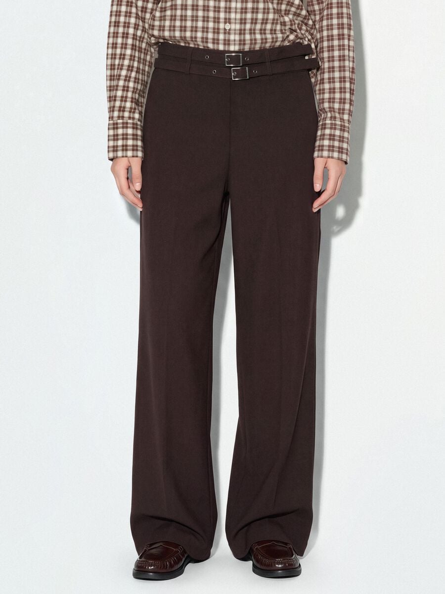 Brown stretch-viscose tailored trousers with belt_1