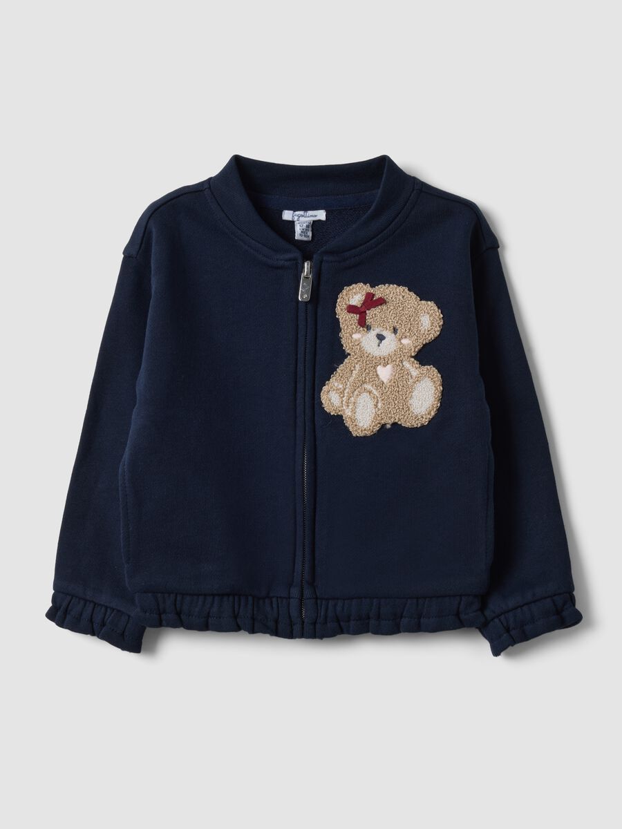Blue pure cotton sweatshirt with crew neck, zip and teddy bear detail for baby girl_0