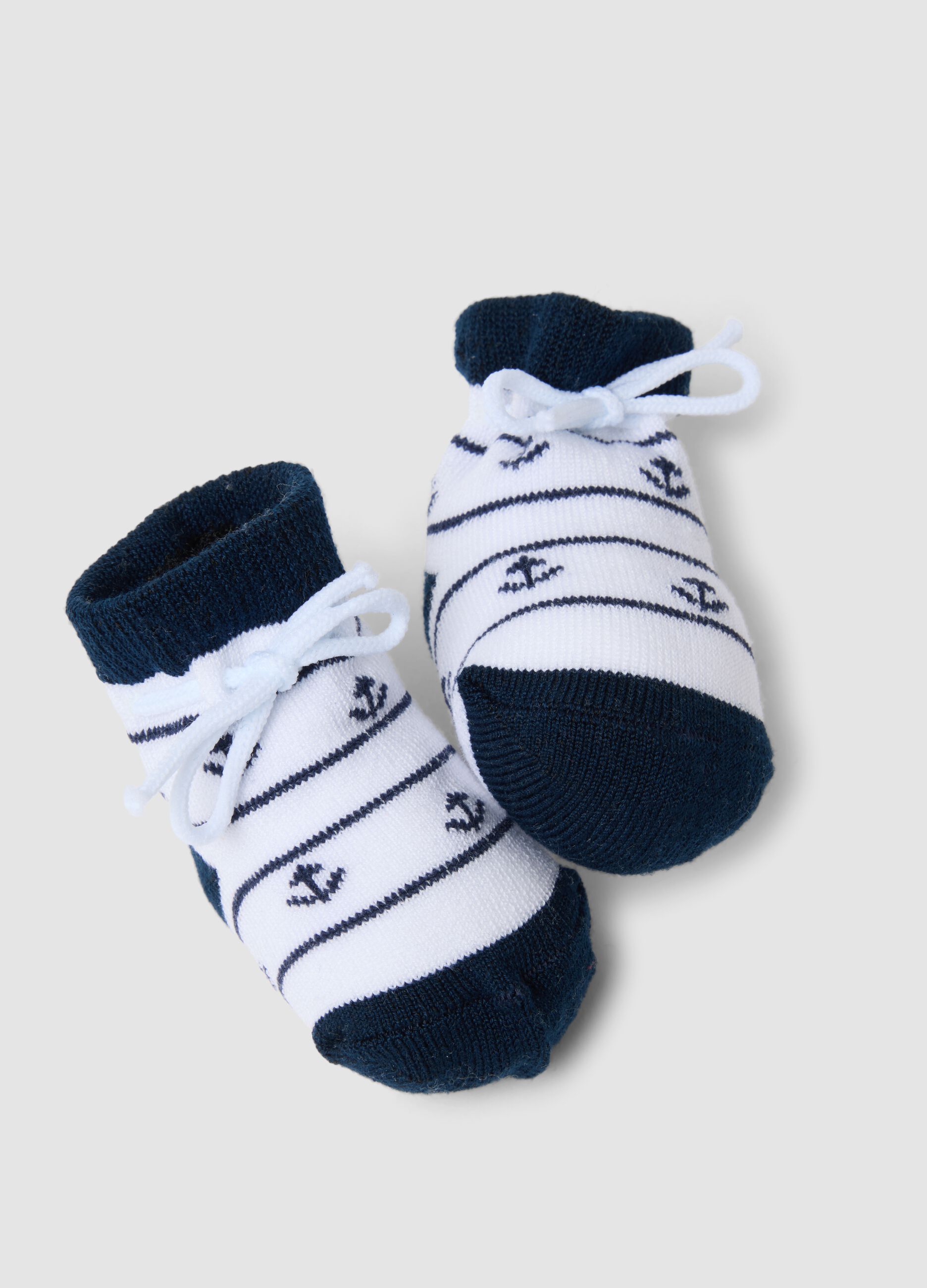 Blue and white stretch-cotton baby booties