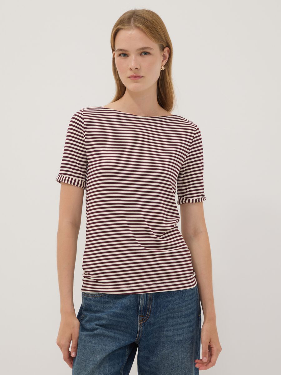 White striped stretch viscose T-shirt_0