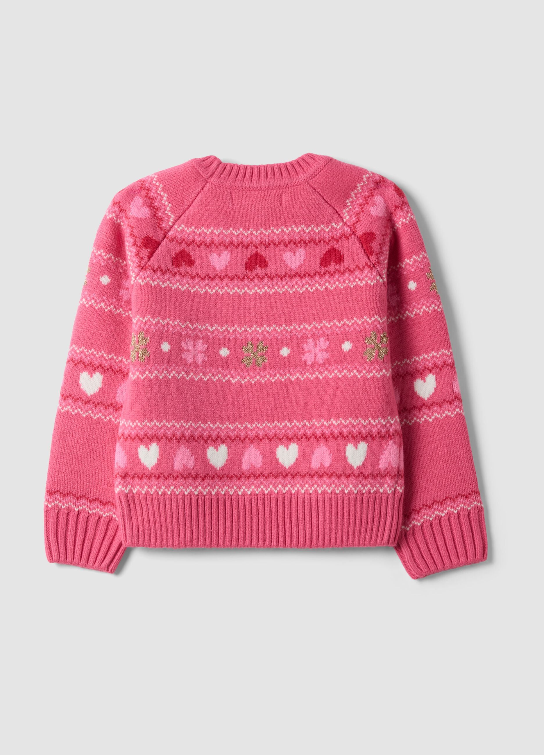 Pink crew-neck jumper with hearts and jacquard pattern, regular fit