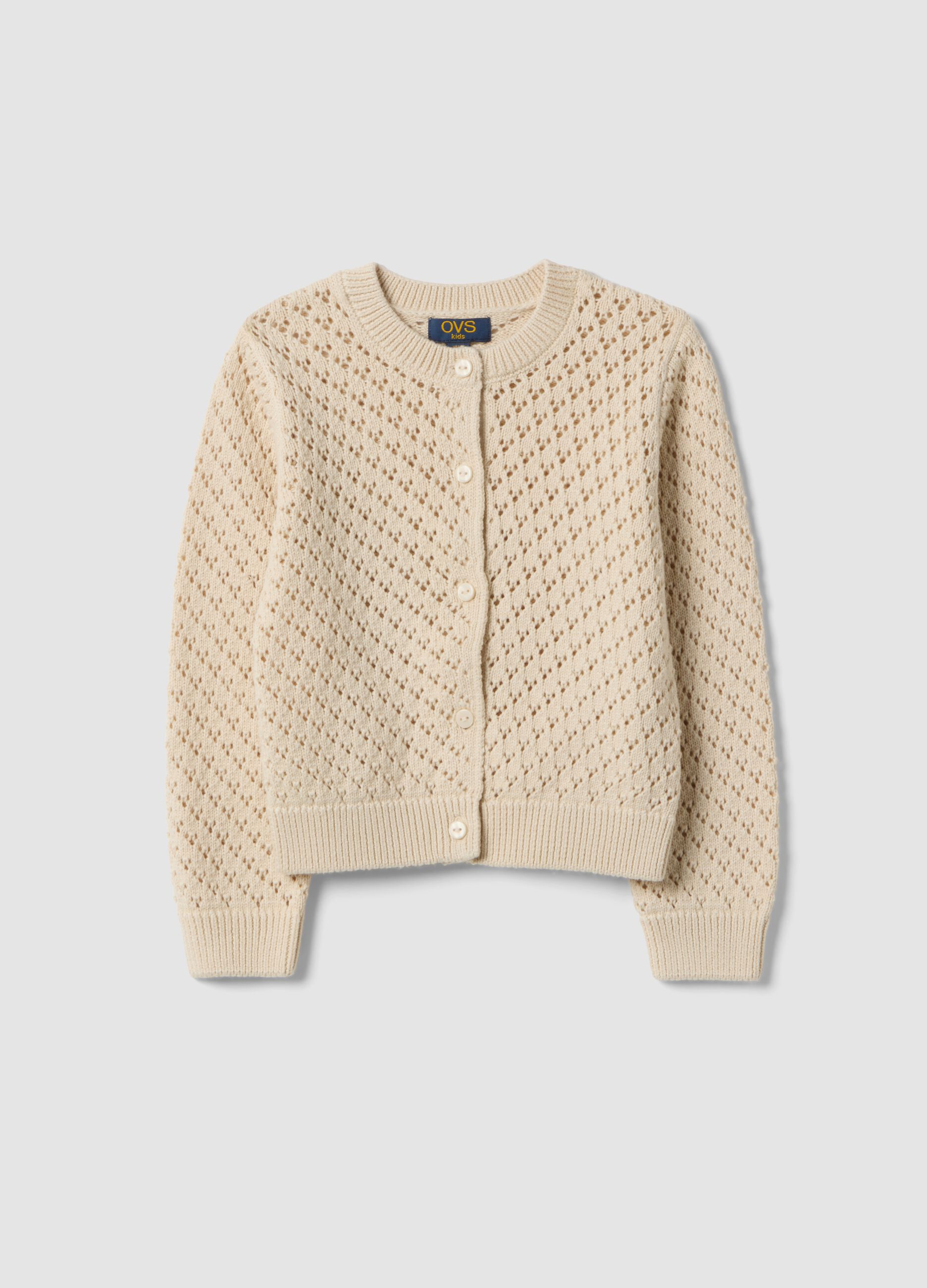 Girl's regular fit perforated cardigan in pure beige cotton