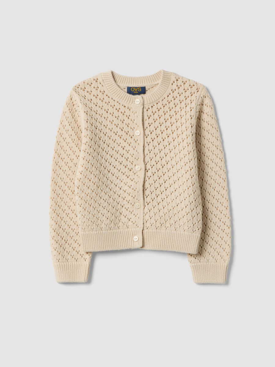 Girl's regular fit perforated cardigan in pure beige cotton_0