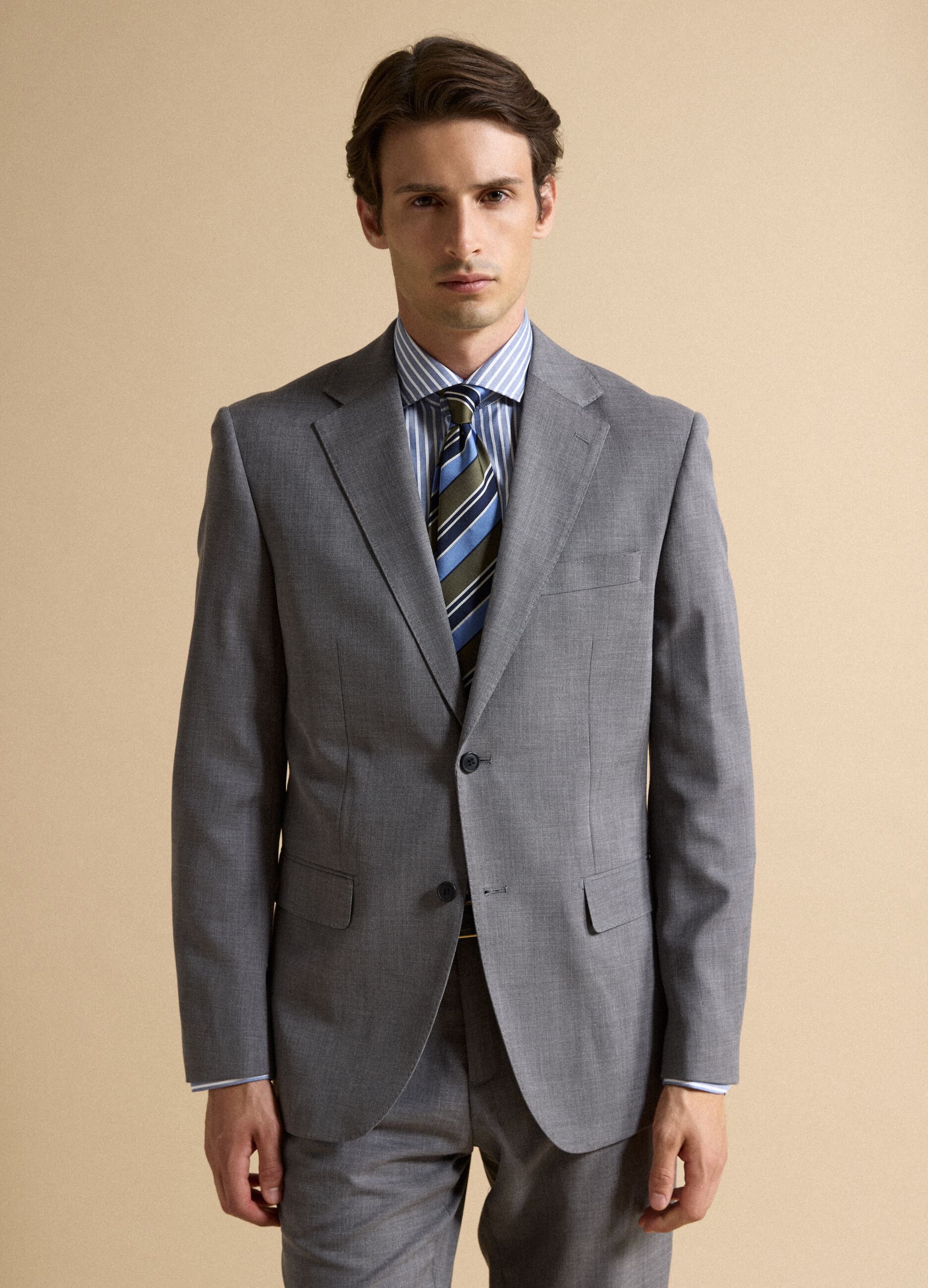 Blazer grigio in viscosa elasticizzata slim fit con rever classico