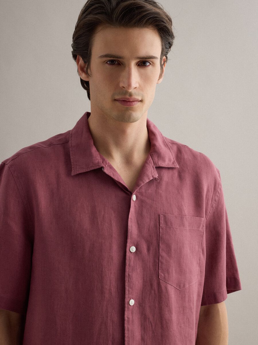Regular fit pink short sleeve pure linen shirt with pocket_3
