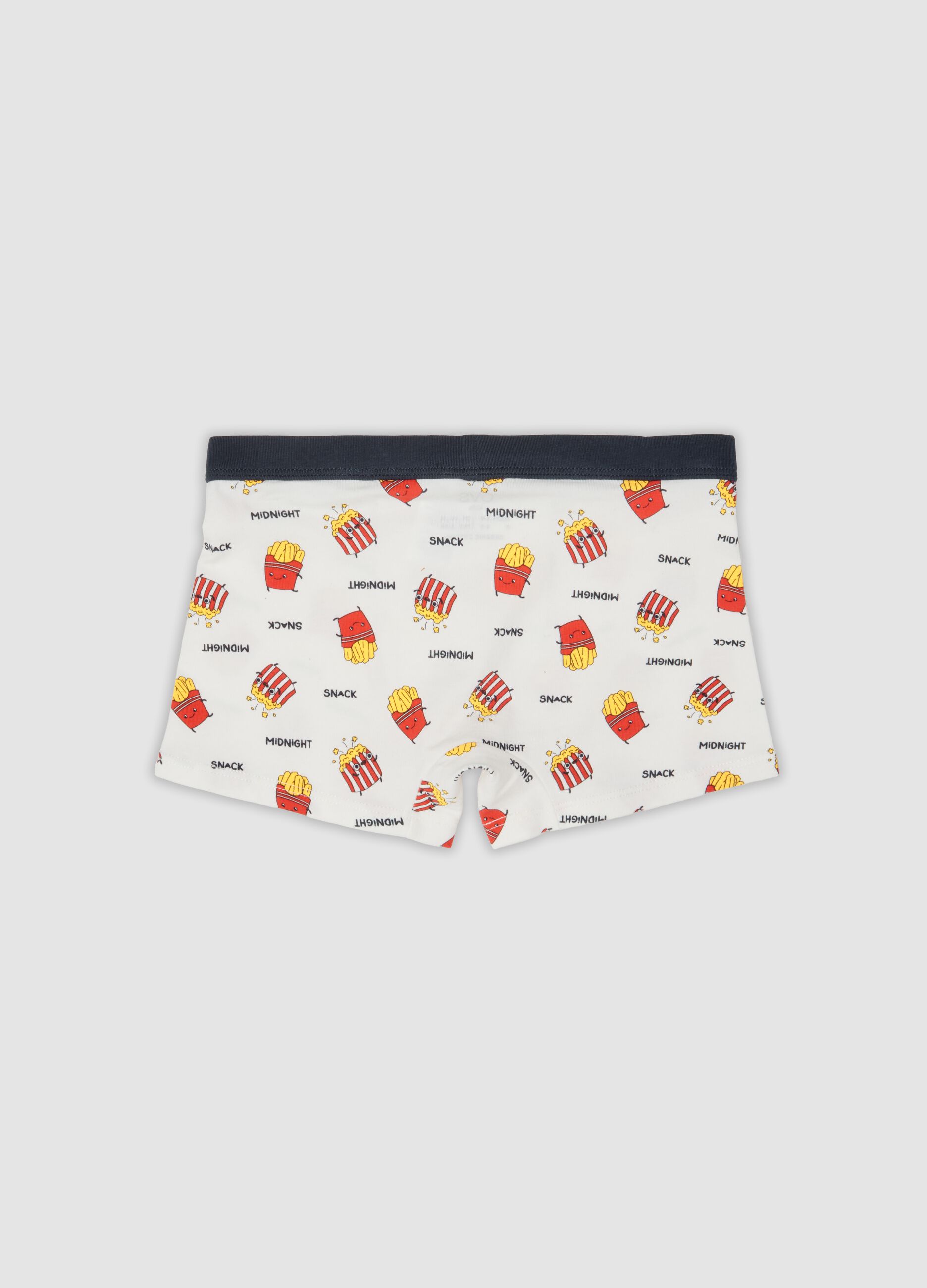Boxer midi bianco in cotone organico elasticizzato con stampa patatine fritte