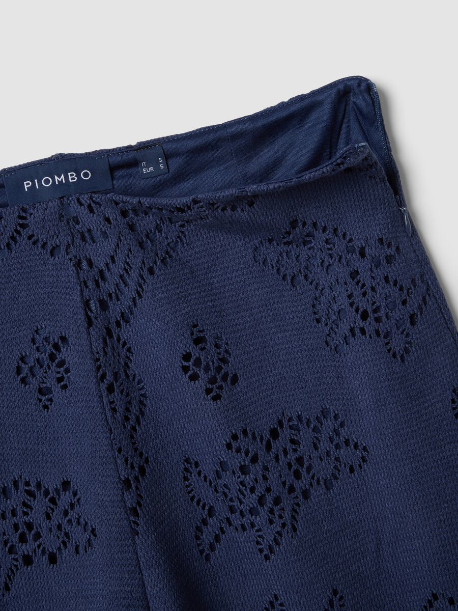 Wide leg blue cotton blend trousers with perforated texture_5