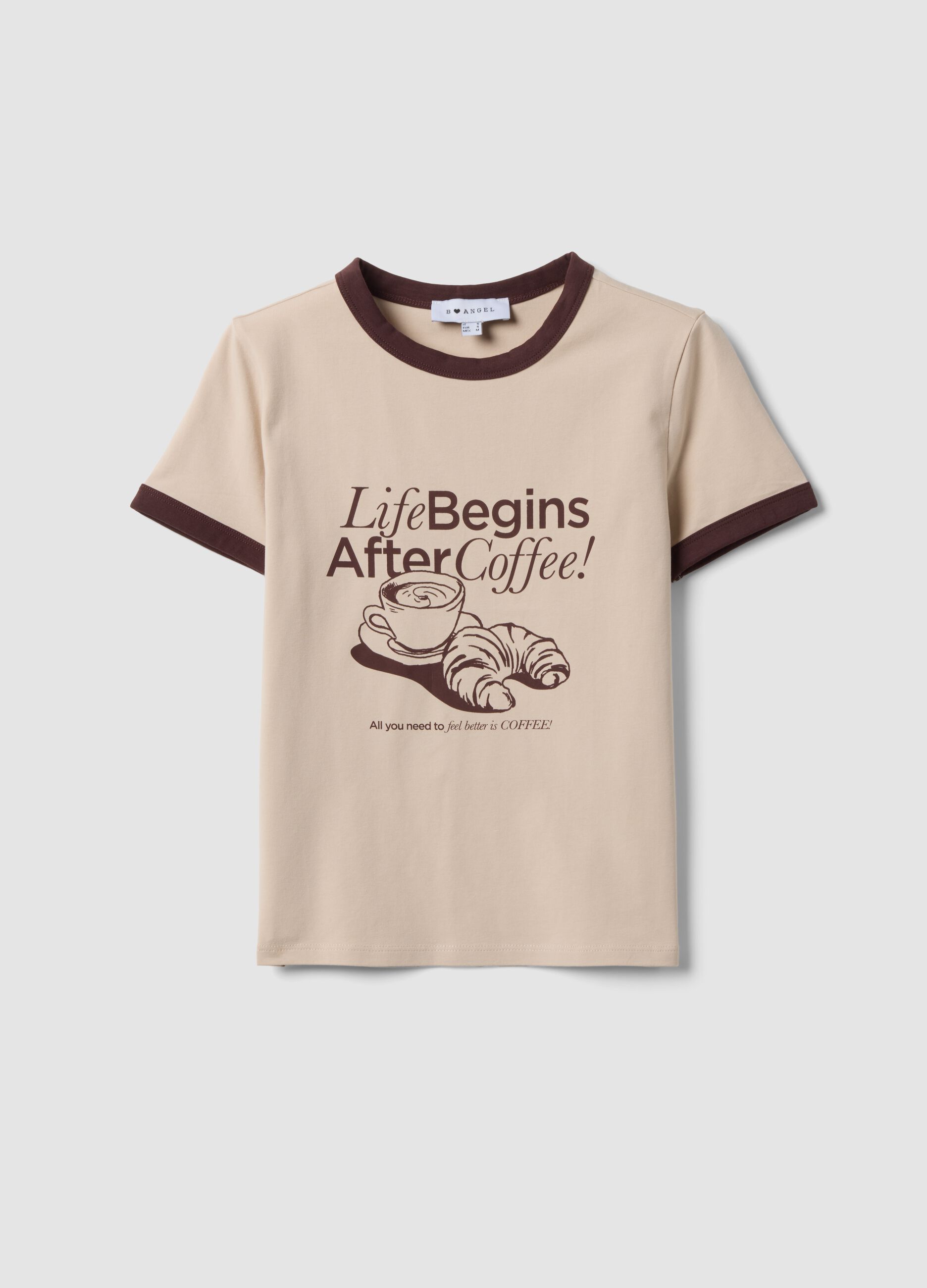 T-shirt rosa em algod&atilde;o com estampado gr&aacute;fico frontal e acabamentos contrastantes