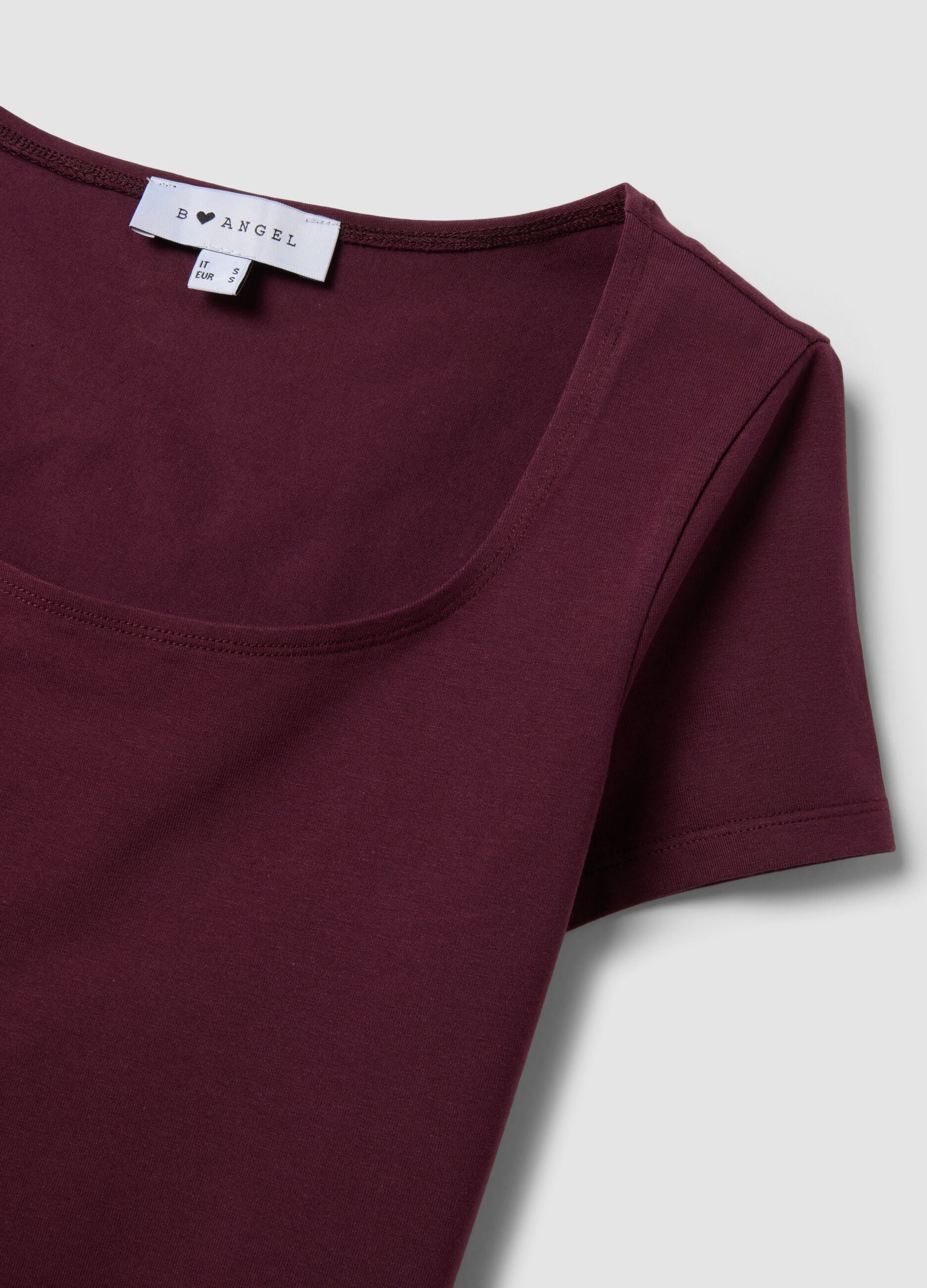 Purple stretch-cotton T-shirt with square neckline