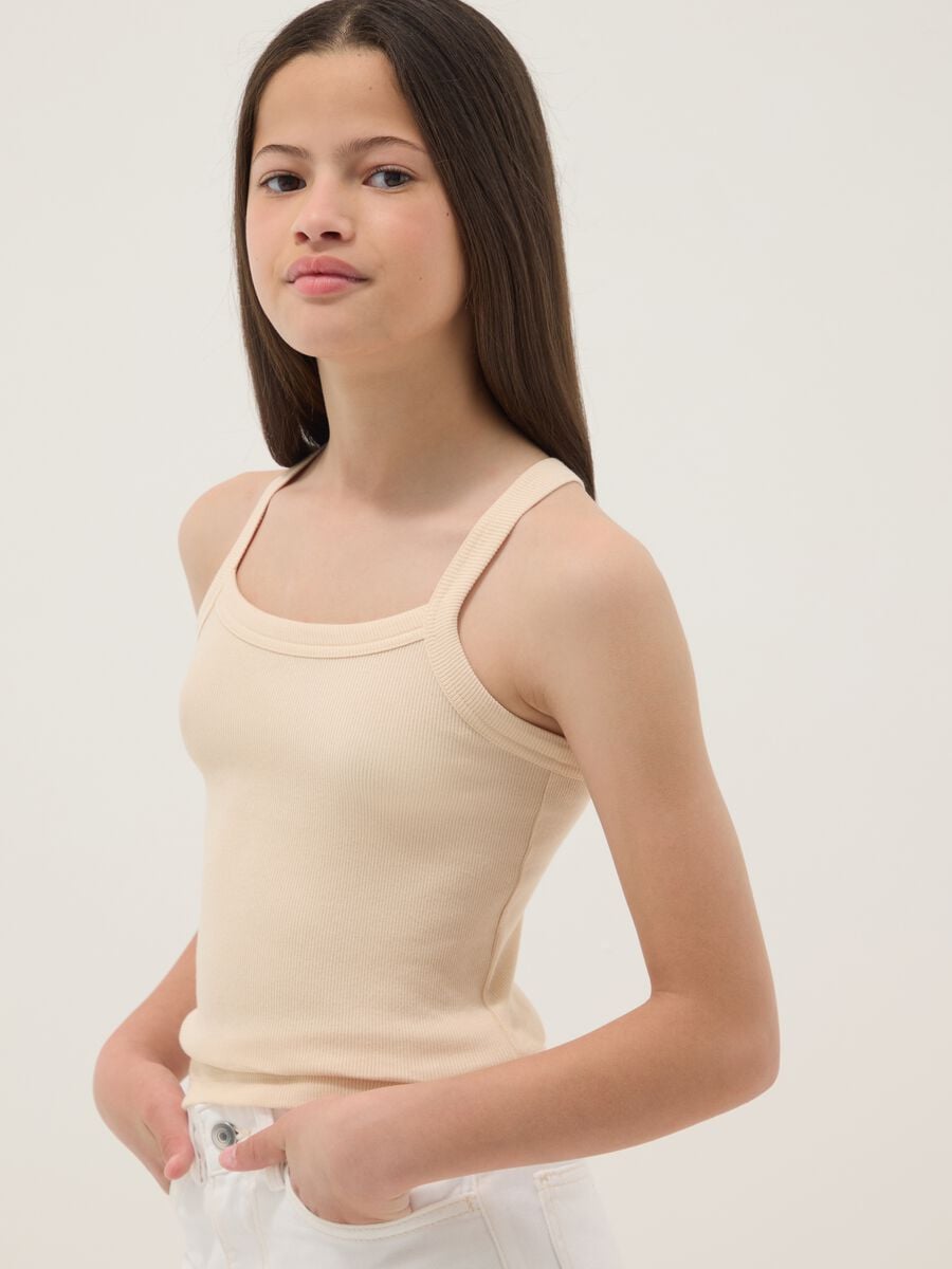 Girls&rsquo; beige ribbed stretch cotton fitted tank top_0