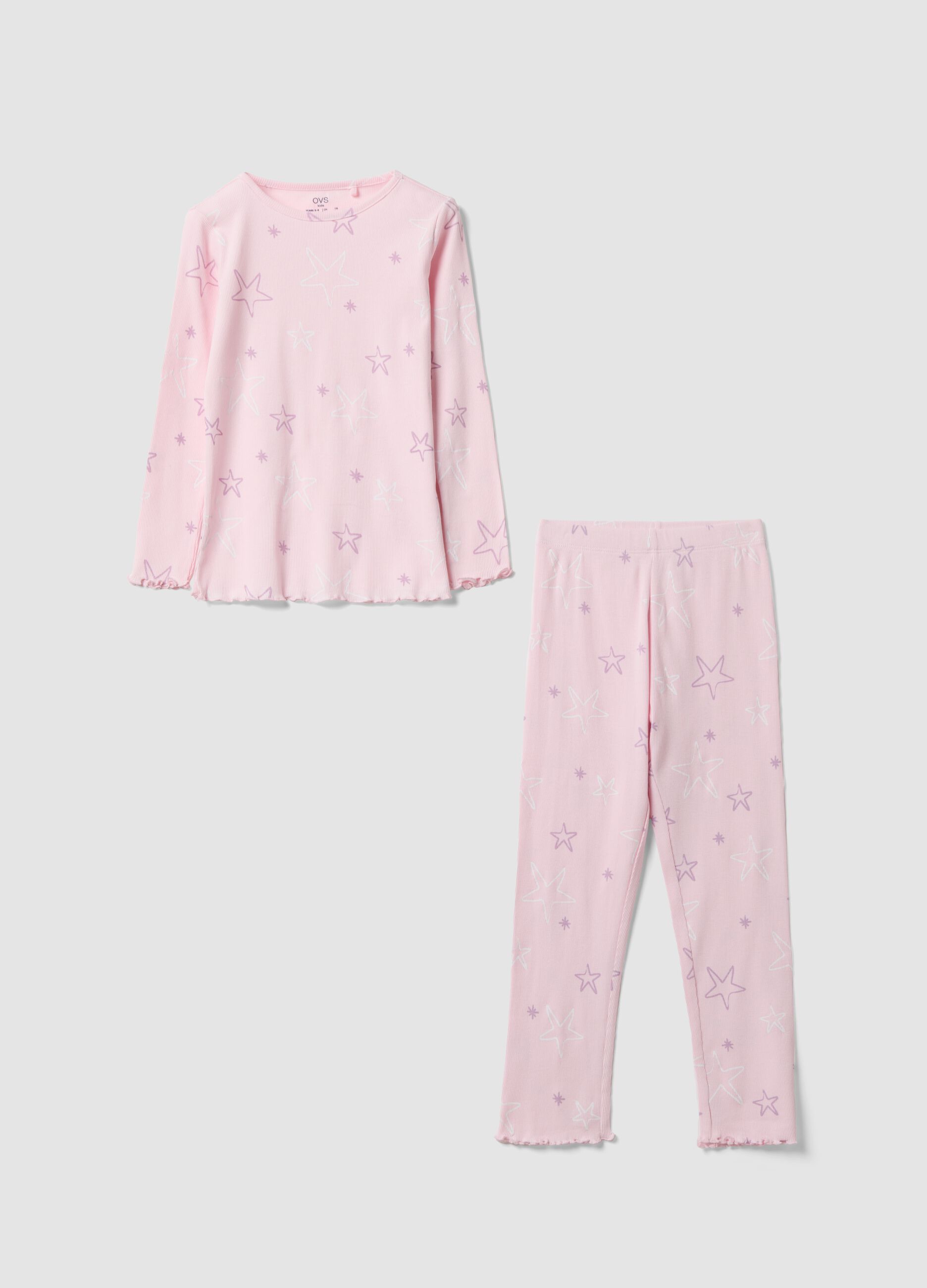 Pijama rosa de algod&atilde;o org&acirc;nico puro canelado com estrelas para menina