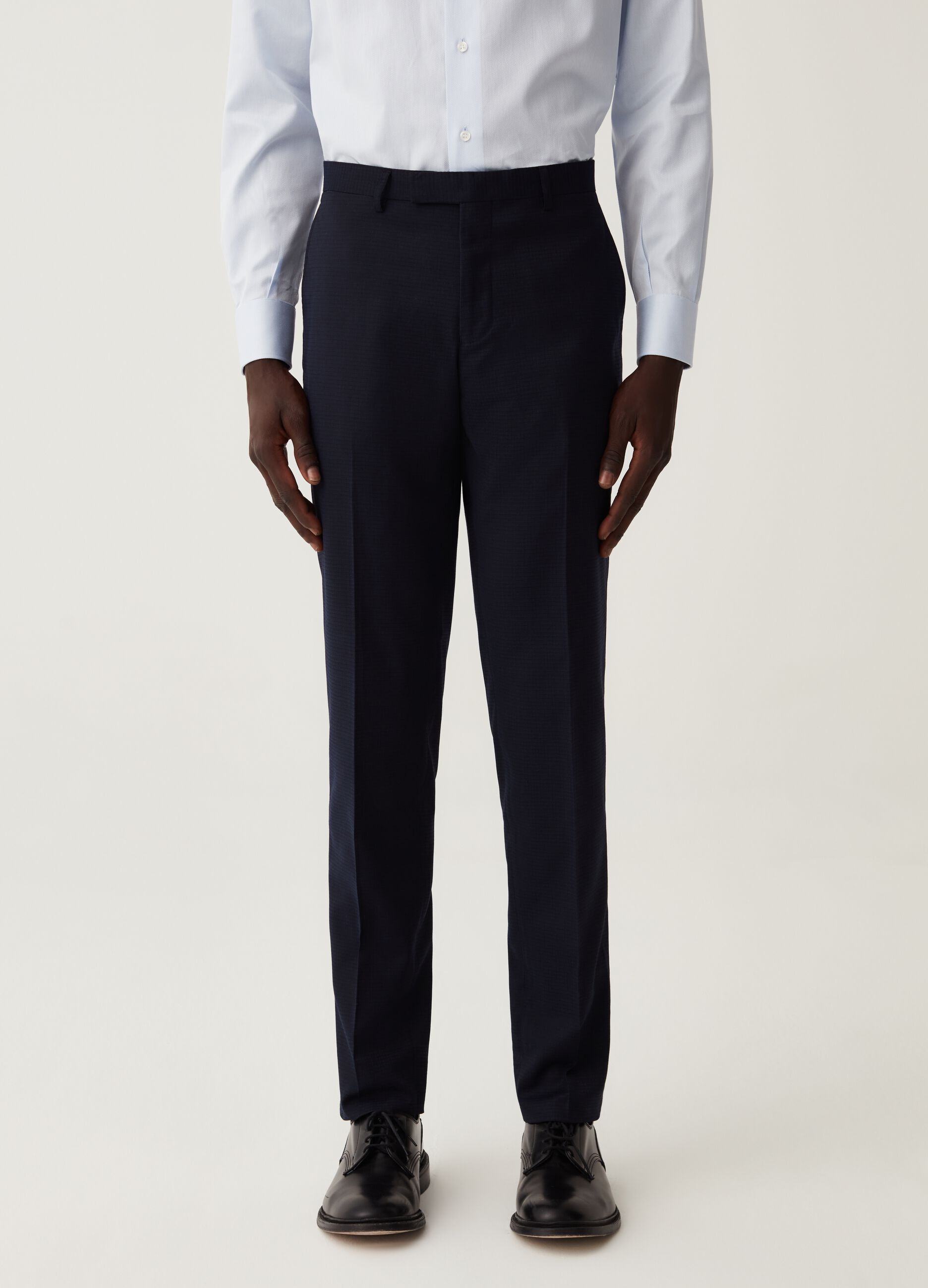 Navy blue slim-fit trousers with check micro weave_1