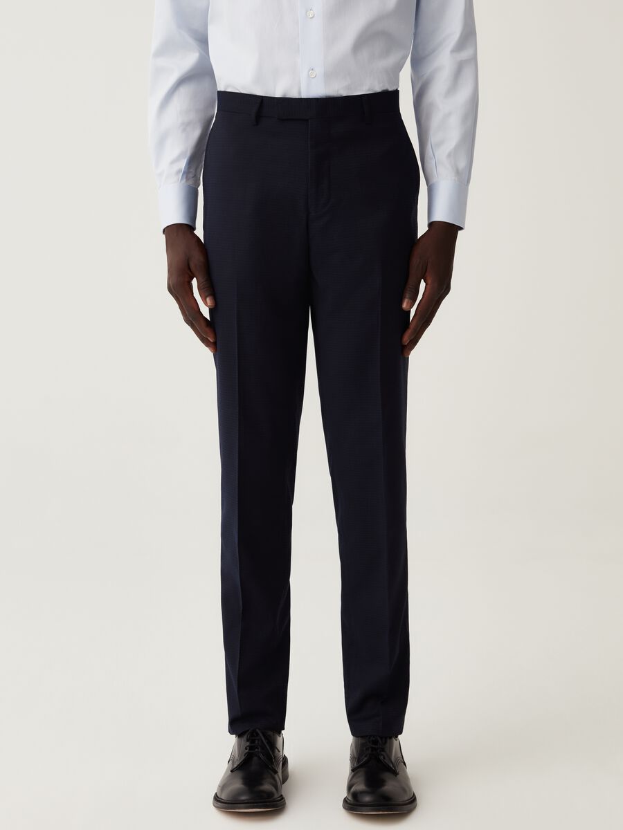 Navy blue slim-fit trousers with check micro weave_1