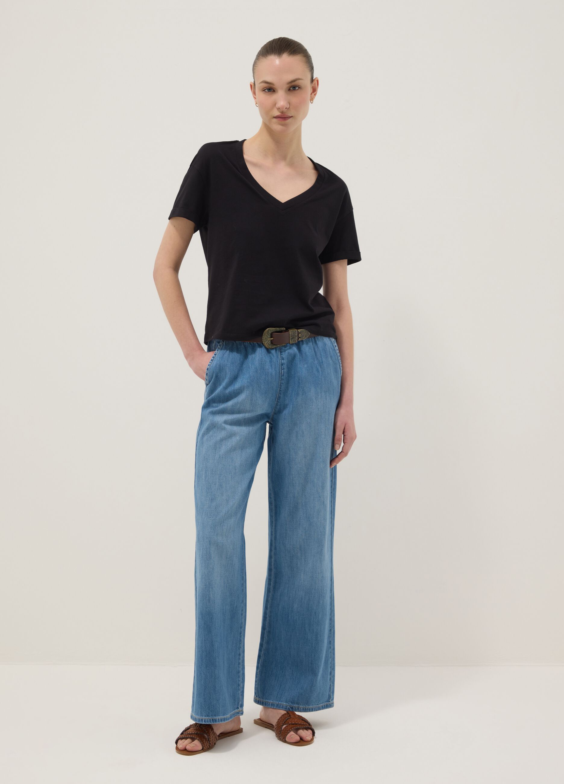 Blue pure cotton wide-leg denim jeans