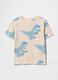 Beige Dinosaur Pattern T-shirt with Blue Dinosaurs_0