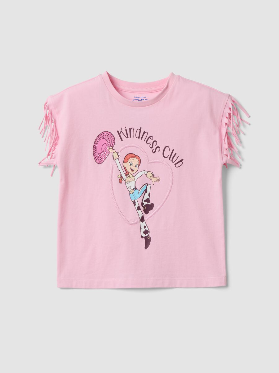 Pink pure cotton T-shirt with fringed sleeves and Toy Story print_1