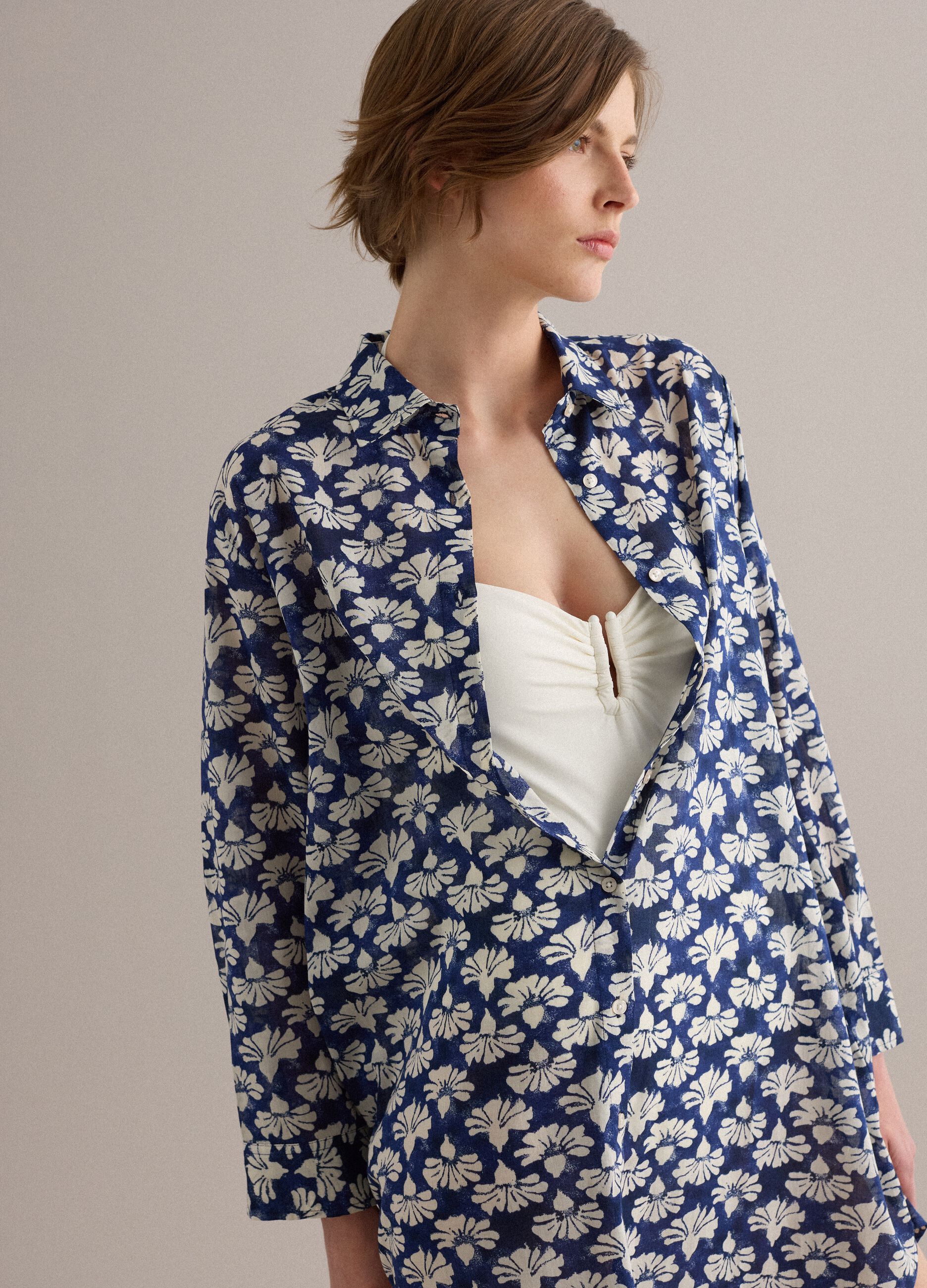 Blue pure cotton kaftan with floral print
