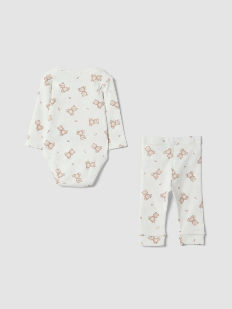 Set bianco in puro cotone organico con body e leggings stampati per neonati_1