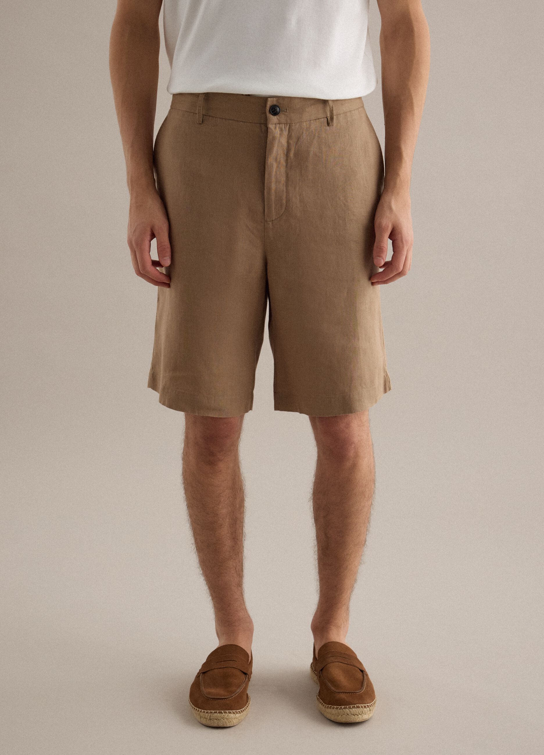 Regular Fit Braun Pure Leinen Bermuda Shorts