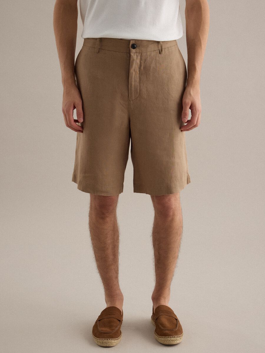 Regular Fit Braun Pure Leinen Bermuda Shorts_1