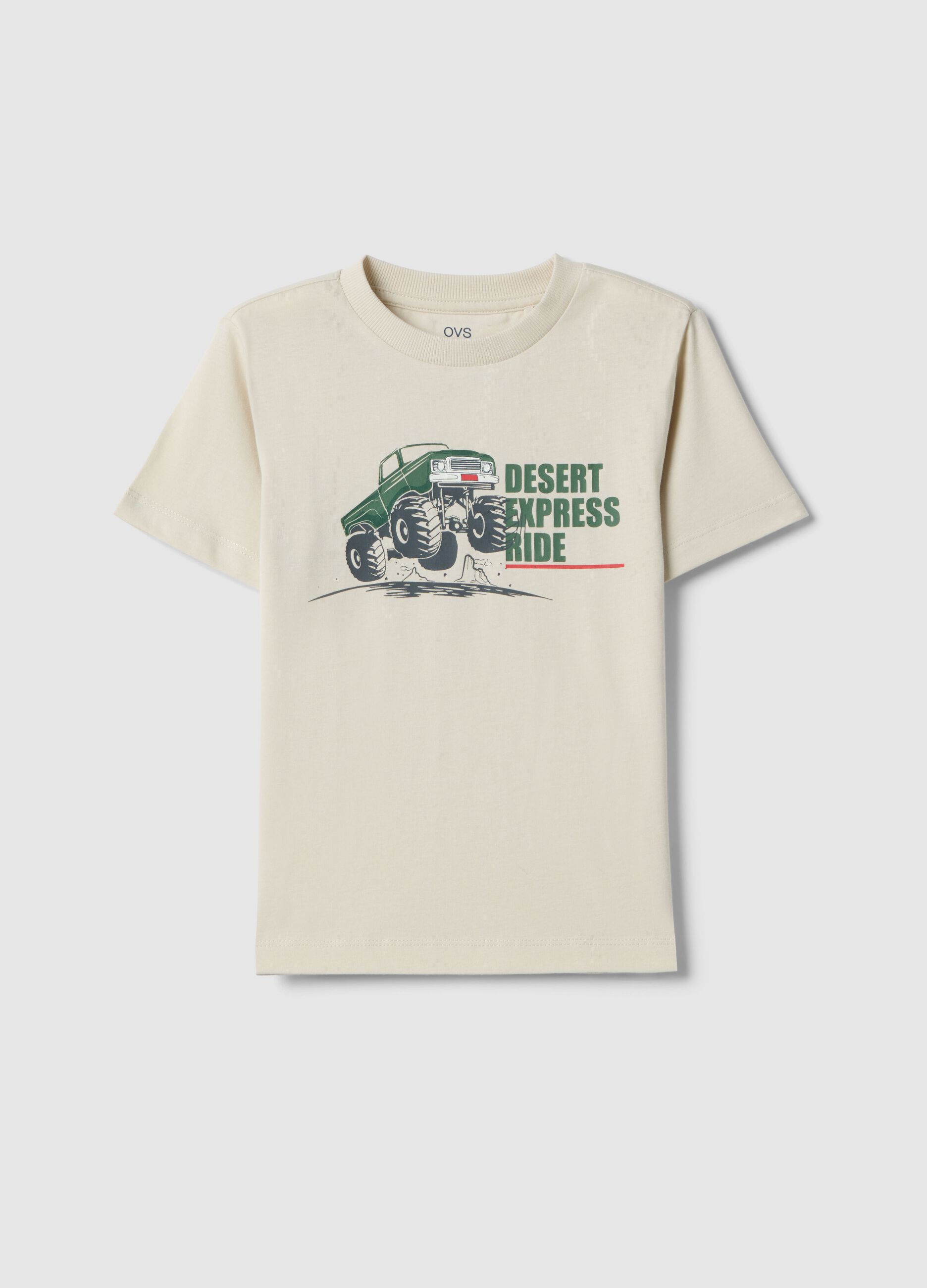 Beige regular fit pure cotton T-shirt for children with print